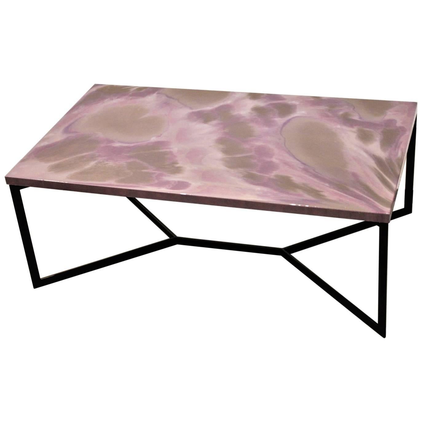 Contemporary Resin Coffee Table "Shy Hortensia" on Black Satin Steel Base For Sale