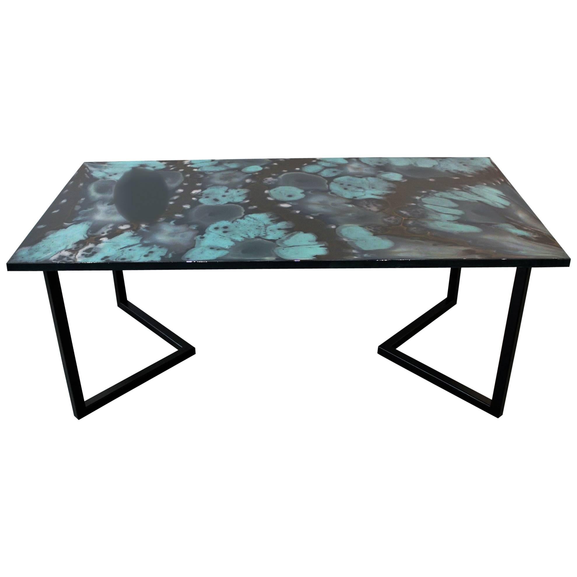 Contemporary Resin Dining Table "Blue Agate Blossom" on Satin Black Steel Base For Sale