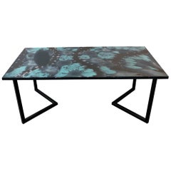 Contemporary Resin Dining Table "Blue Agate Blossom" on Satin Black Steel Base