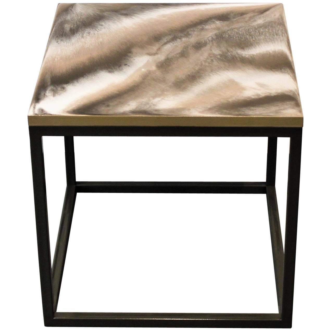 Contemporary Resin Side Table "Taupe 'n' Latte" on Gray Satin Steel Base For Sale