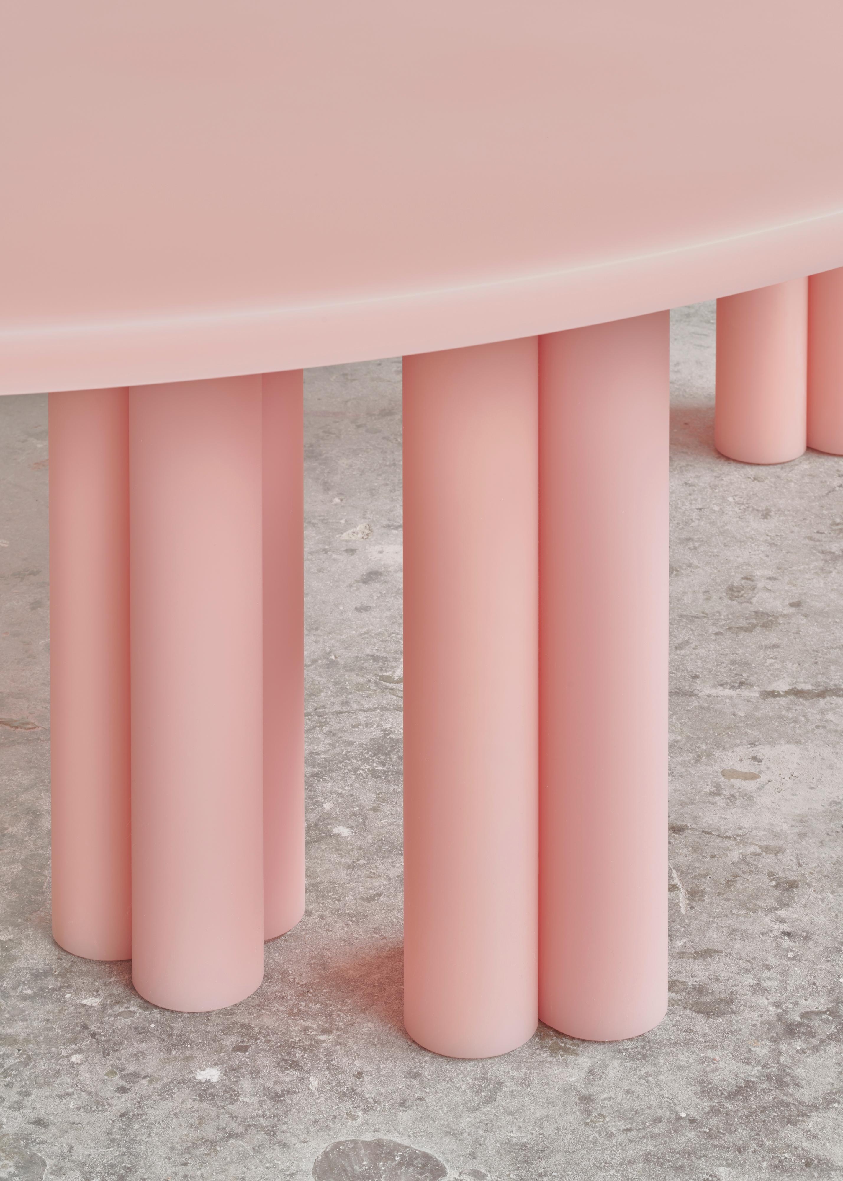 Sabine Marcelis’ SOAP Table is a dynamic dinner setting, featuring her signature resin with a soapy matte surface, now with cylinder column legs and the beautiful salmon pink colour. It is designed with the sound psychology of dining in mind. So