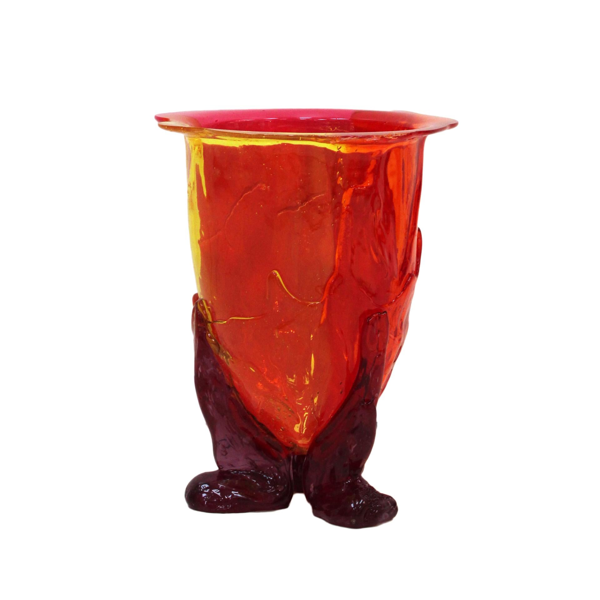 Contemporary vase designed by Gaetano Pesce in 1995 for Fish design. Handmade in yellow, orange and matte purple resin.