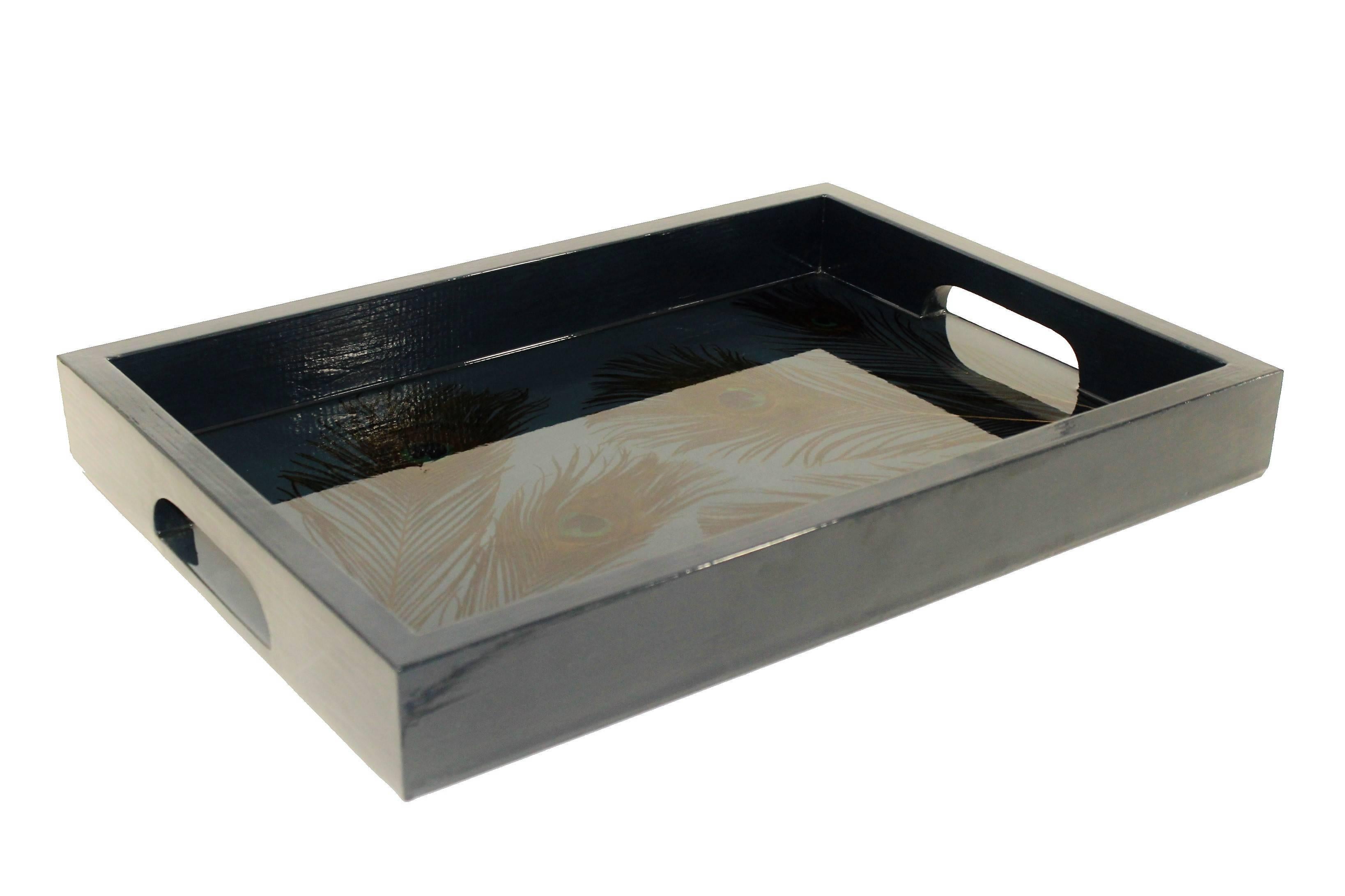 Unique colored wooden resin tray, part of Viscosity Art & Resin Gallery home decor collection. Peacock feathers are embedded in clear resin resulting in this one of a kind modern tray. A piece of art that will give character and elegance in any