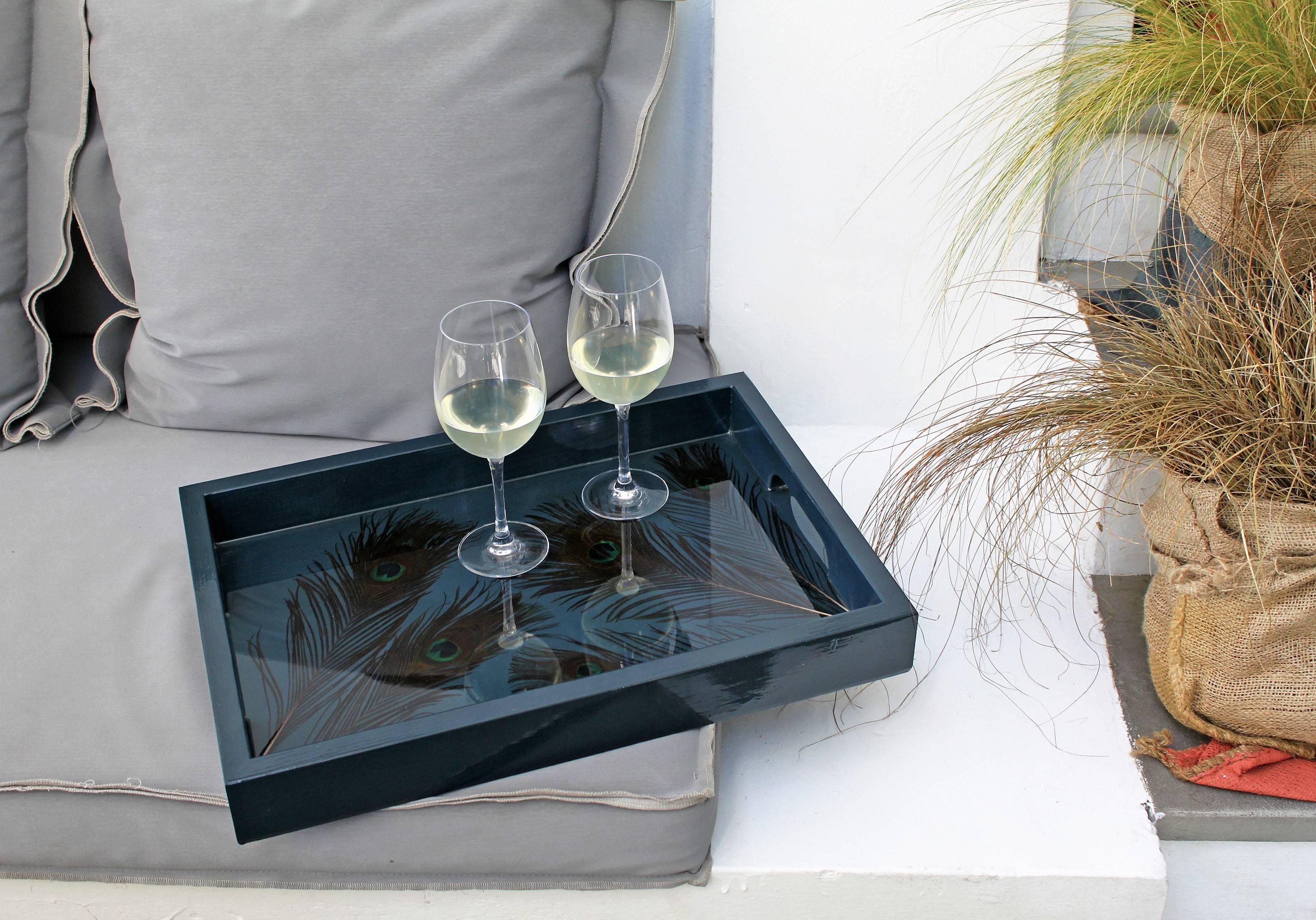 Modern Contemporary Resin Wooden Tray with Peacock Feathers