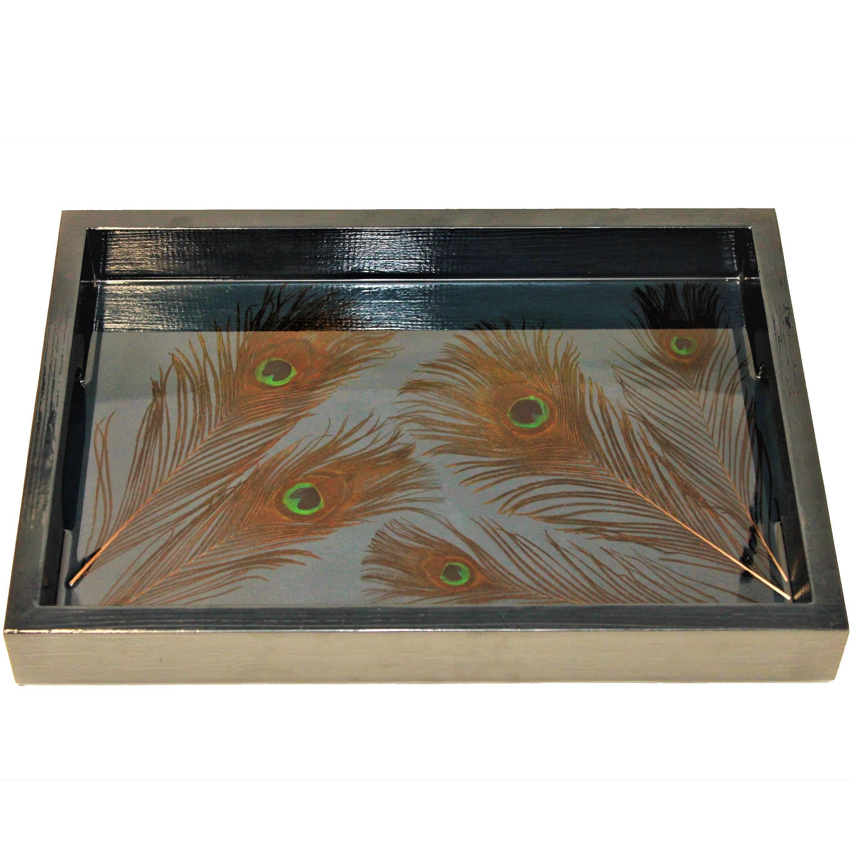 Contemporary Resin Wooden Tray with Peacock Feathers