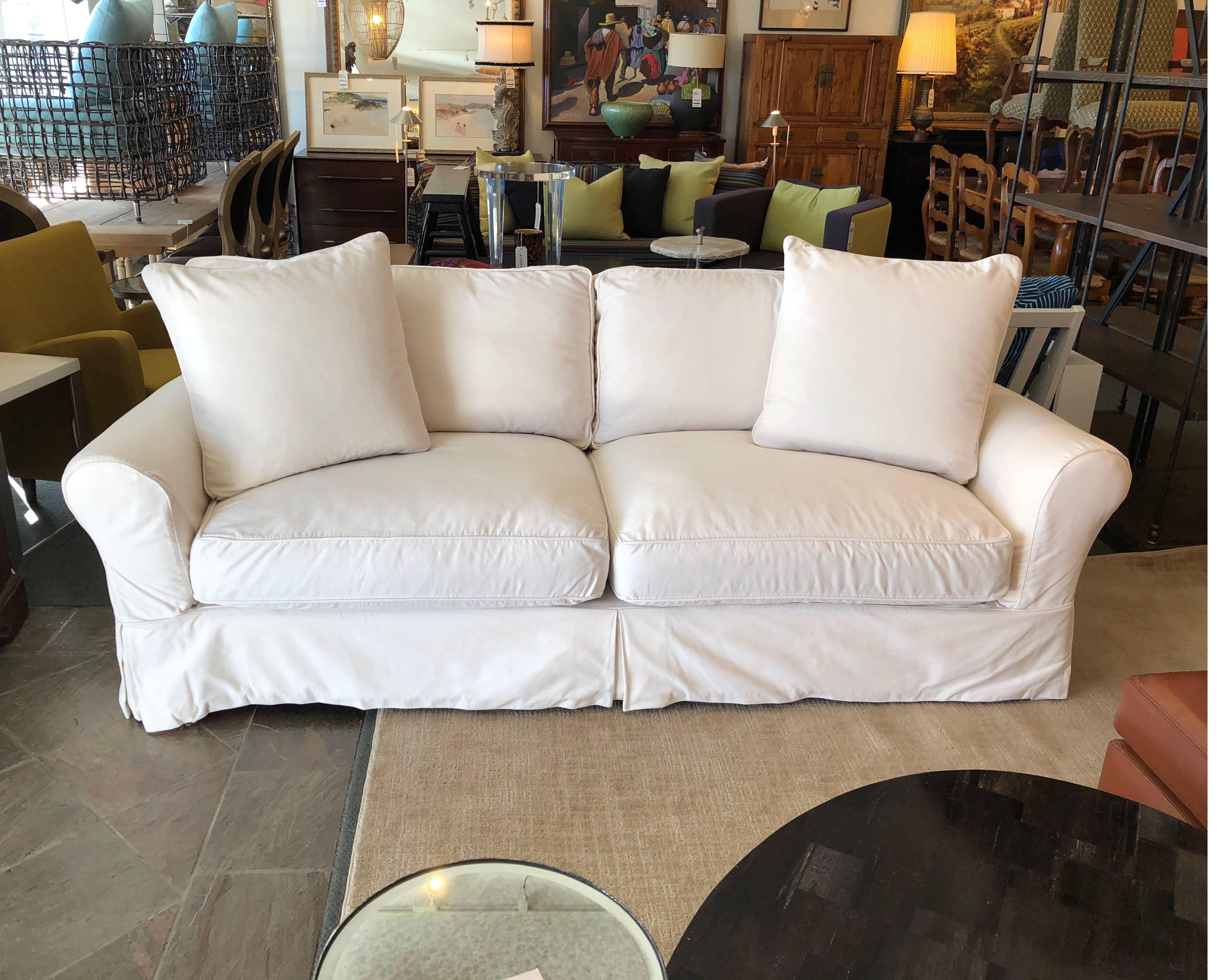 A grand scale sofa from restoration hardware. Each piece of the seating is roomy and comfy, featuring deep seats and supportive down wrapped cushions. The frame is kiln-dried hardwood with eight-way, hand-tied spring suspension and mortise-and-tenon