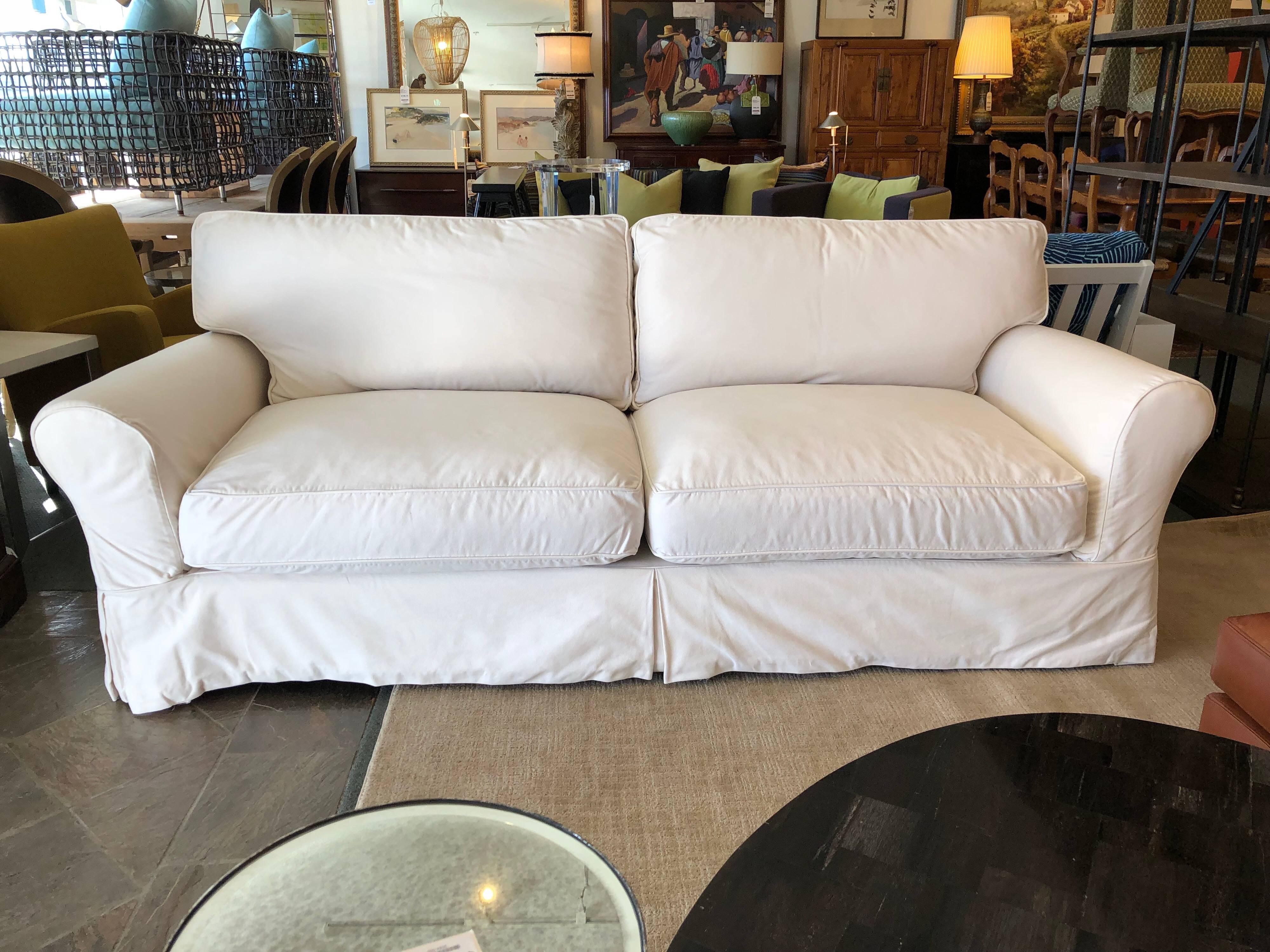 American Contemporary Restoration Hardware Roll Arm White Cotton Slipcovered Sofa