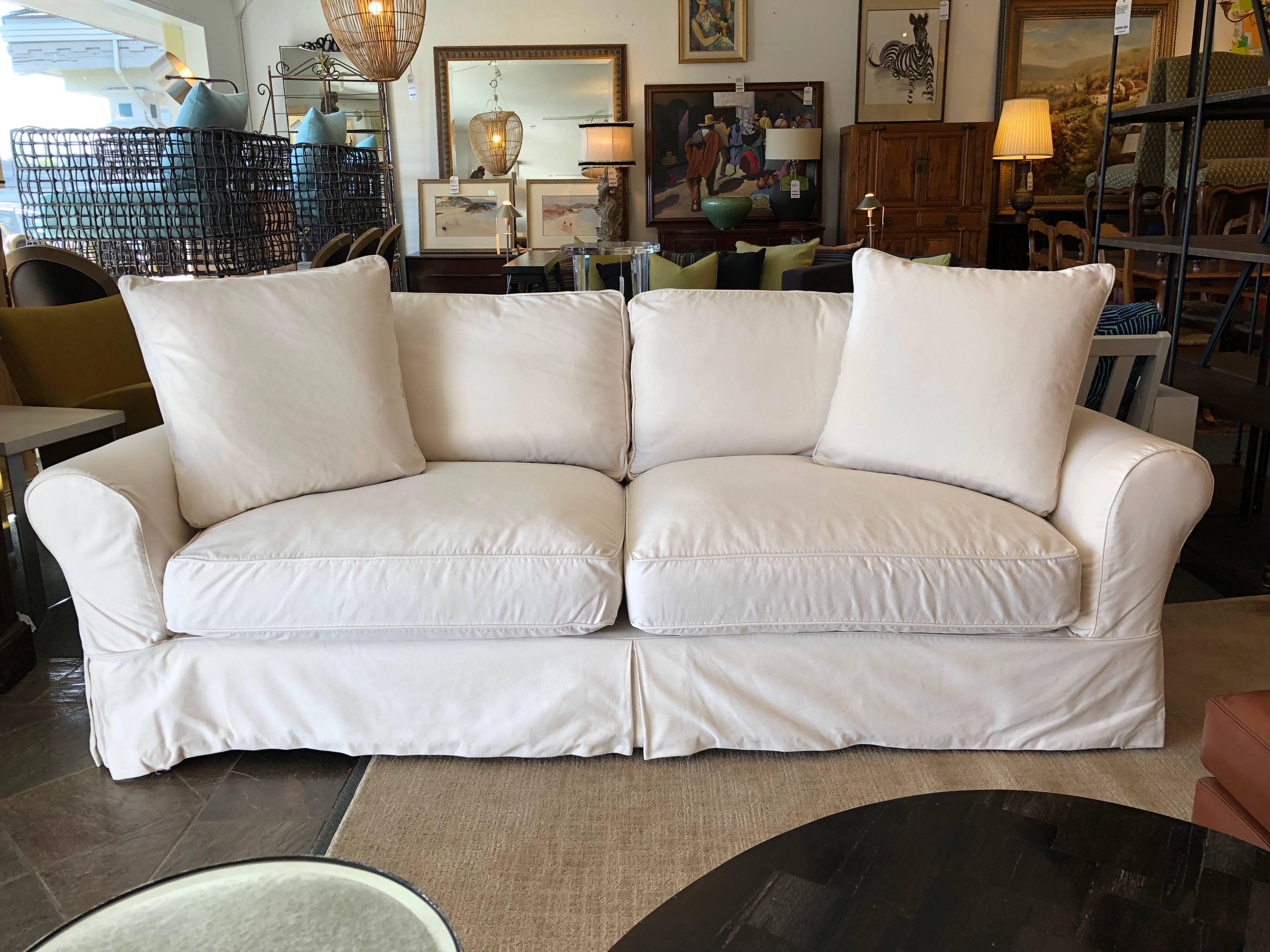Contemporary Restoration Hardware Roll Arm White Cotton Slipcovered Sofa In Good Condition In San Francisco, CA