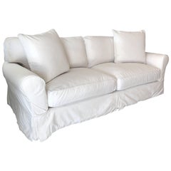 Contemporary Restoration Hardware Roll Arm White Cotton Slipcovered Sofa