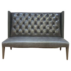 Contemporary Reupholstered Distressed Italian Tufted Leather Wing Back Settee