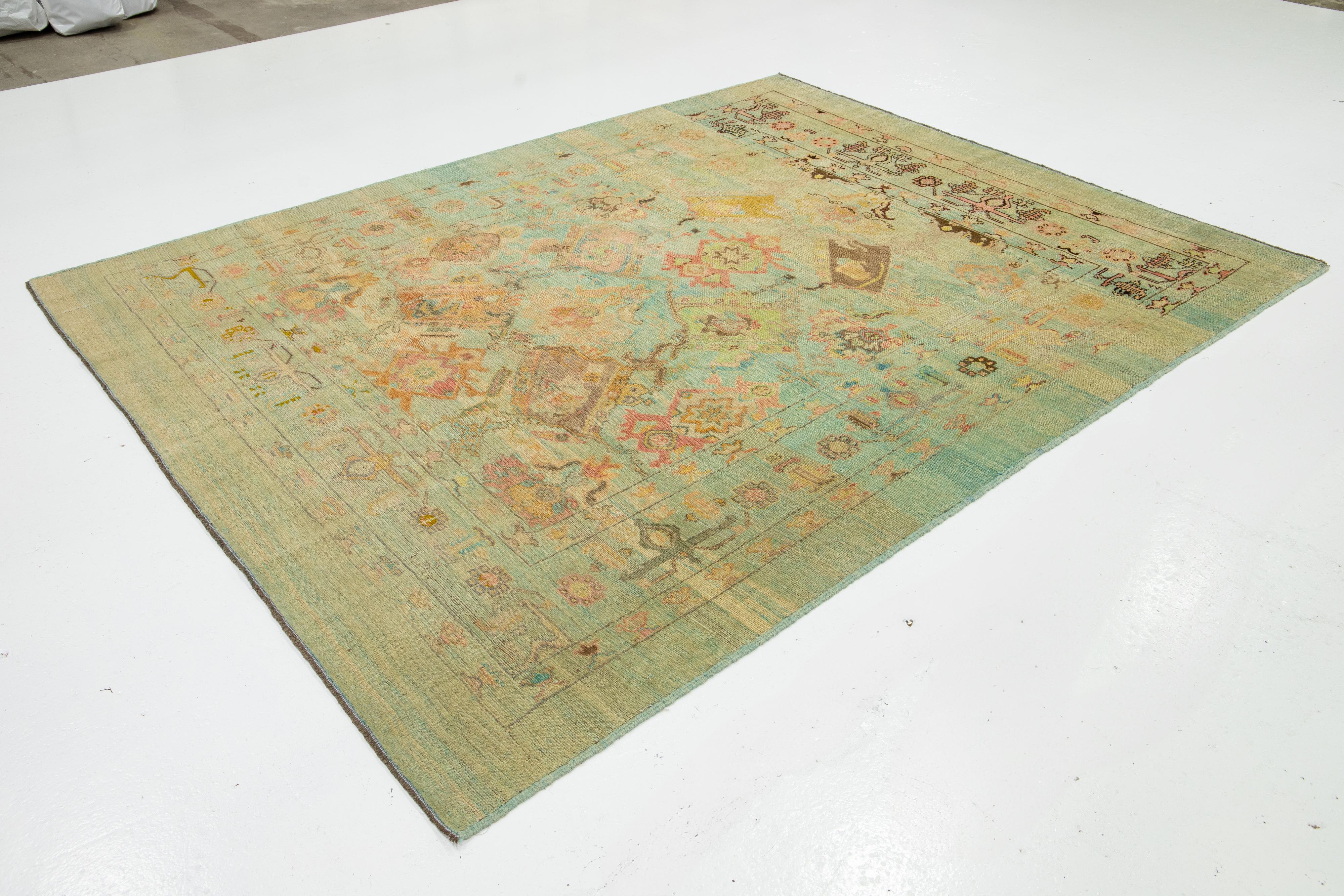 Regency Revival Contemporary Revival Wool Rug Handmade In Light Blue With Allover Pattern For Sale