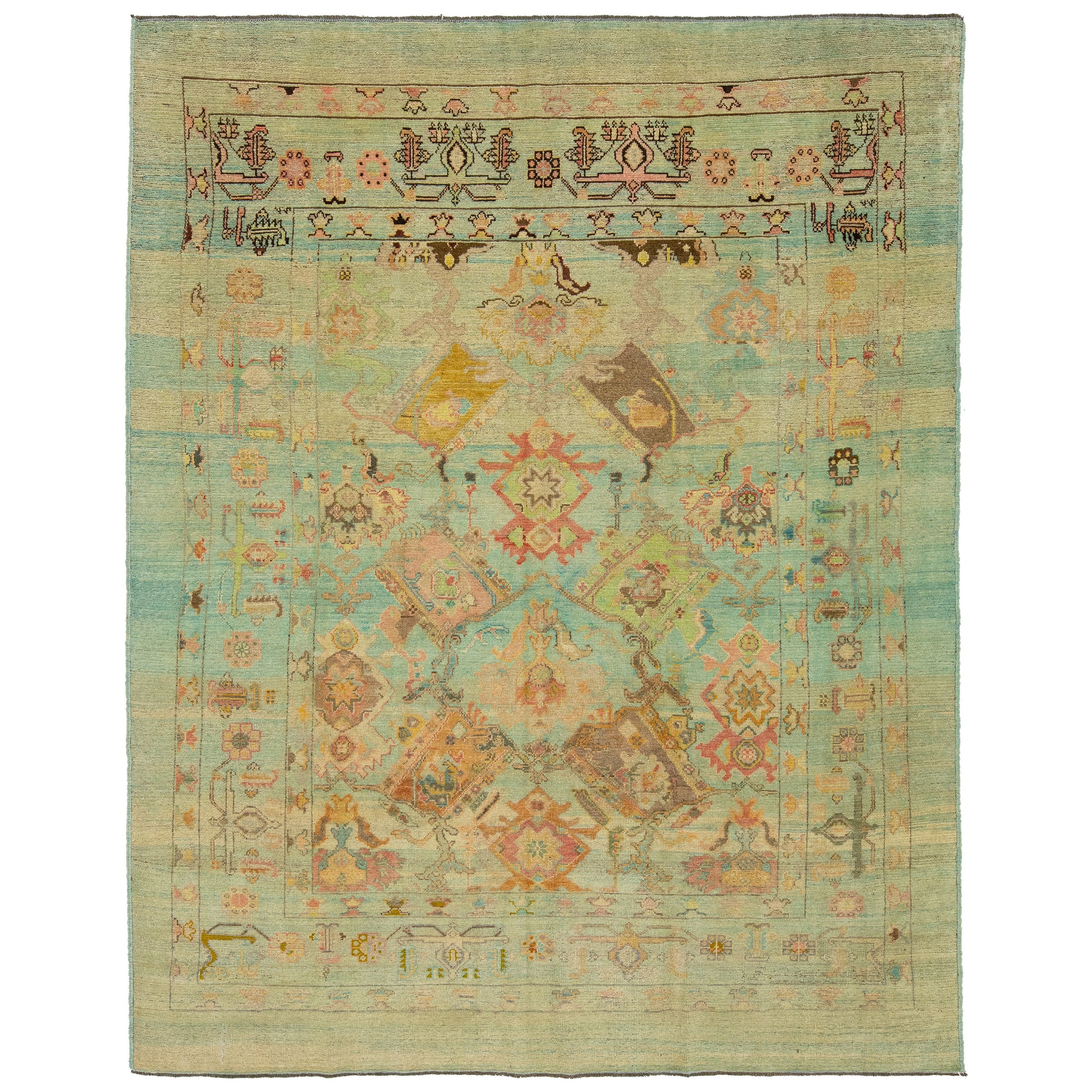 Contemporary Revival Wollteppich handgefertigt in Hellblau mit Allover-Muster