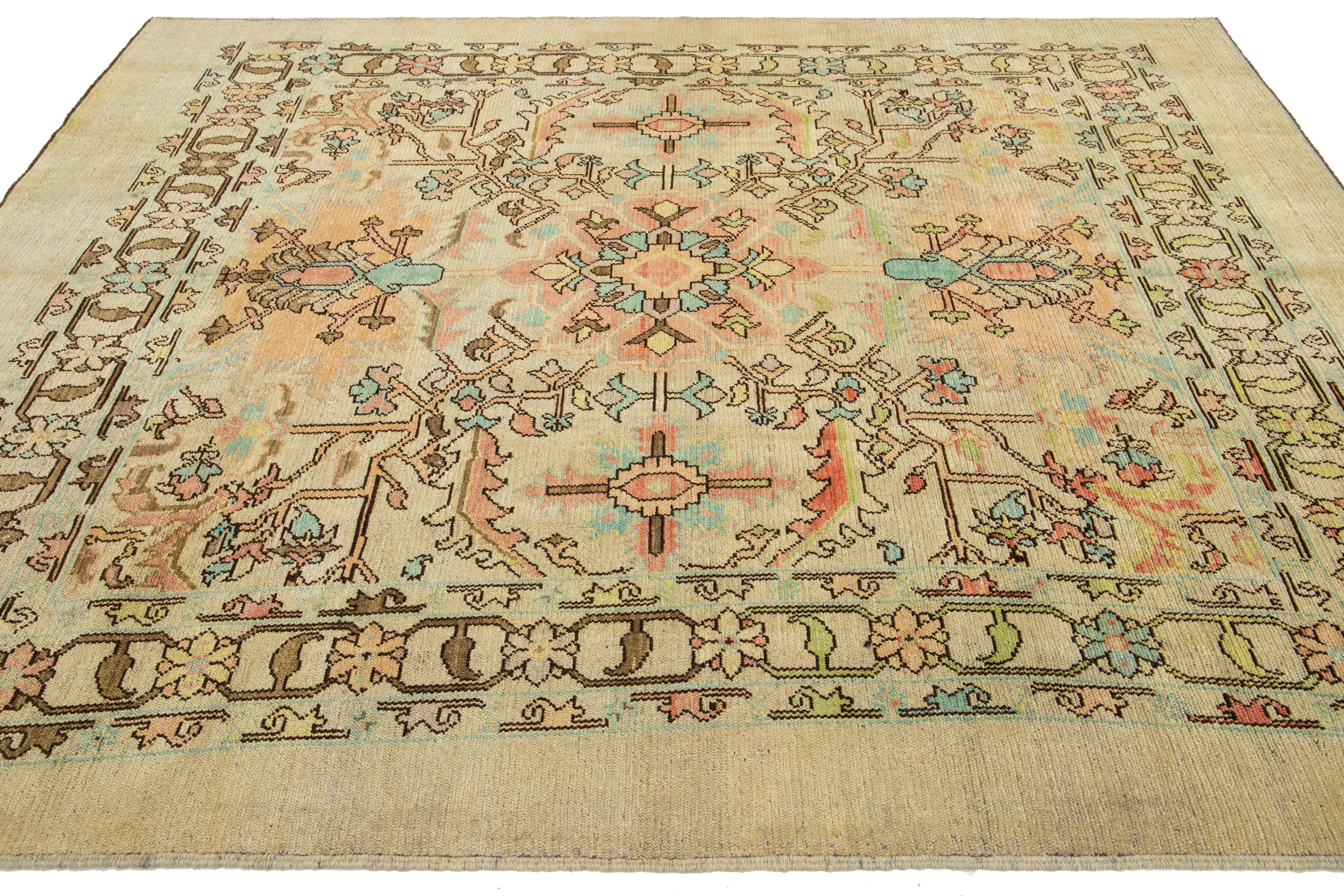 Contemporary Revival Wool Rug Handmade In Tan With Allover Floral Pattern For Sale 4