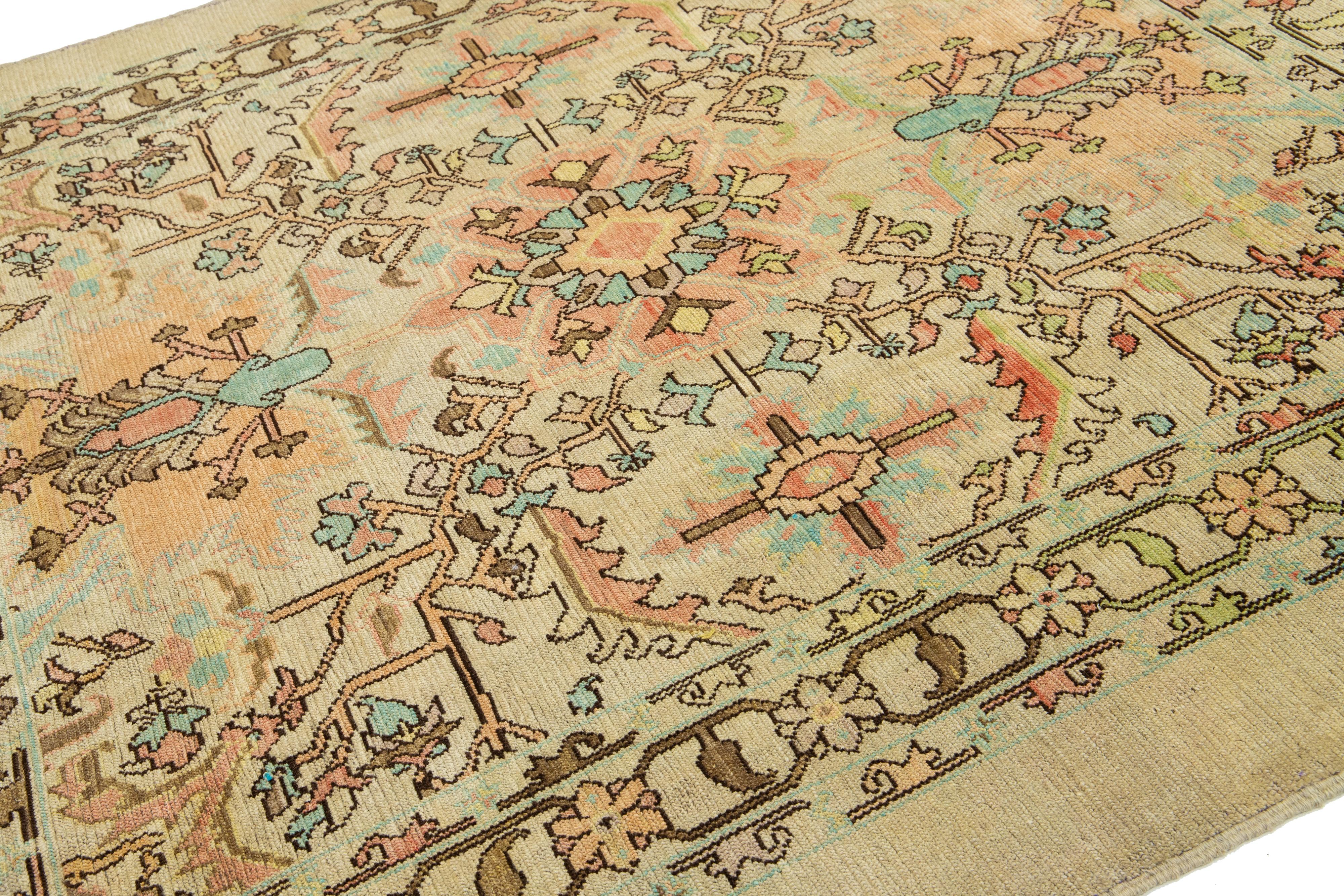 Contemporary Revival Wool Rug Handmade In Tan With Allover Floral Pattern For Sale 5