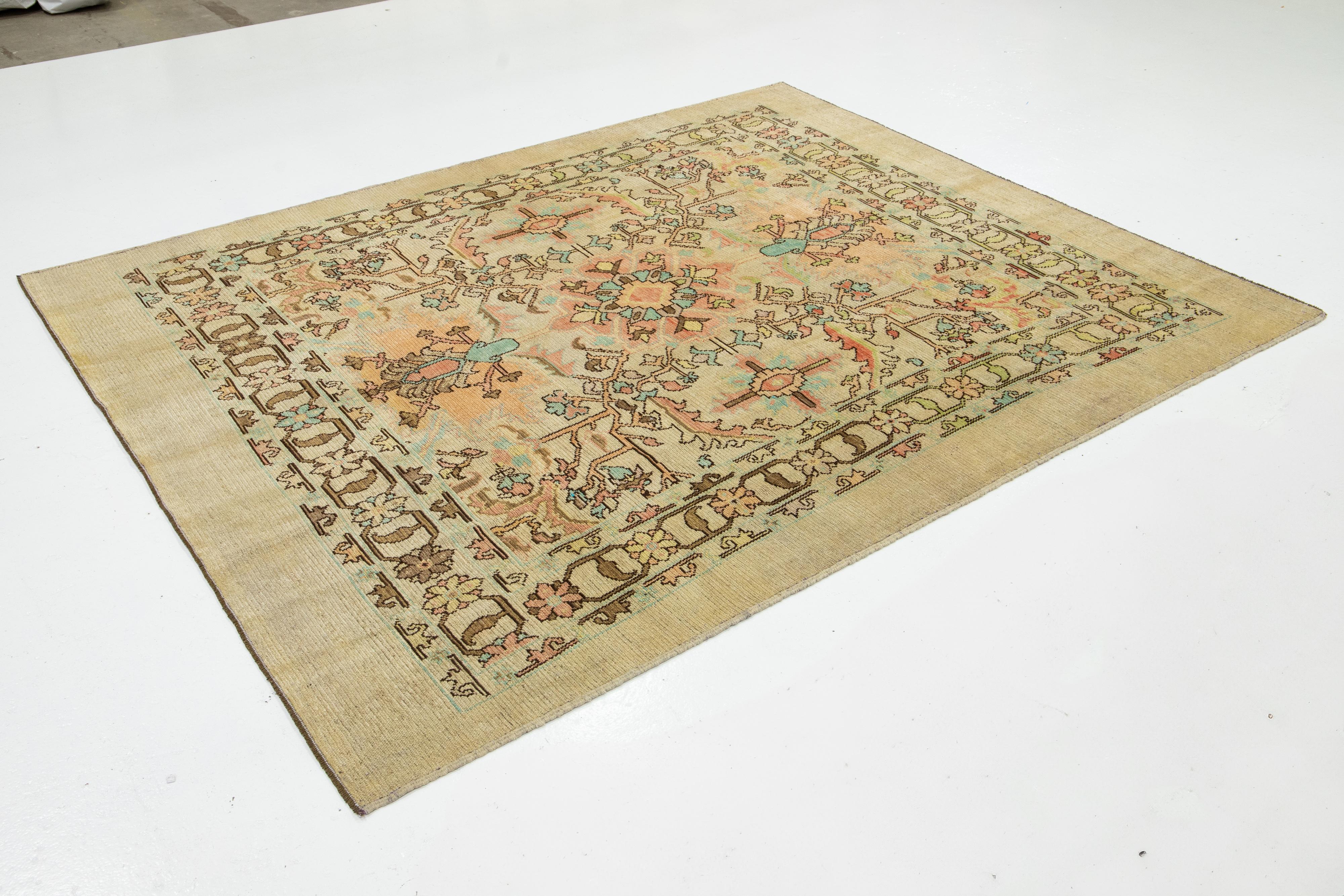 Regency Revival Contemporary Revival Wool Rug Handmade In Tan With Allover Floral Pattern For Sale