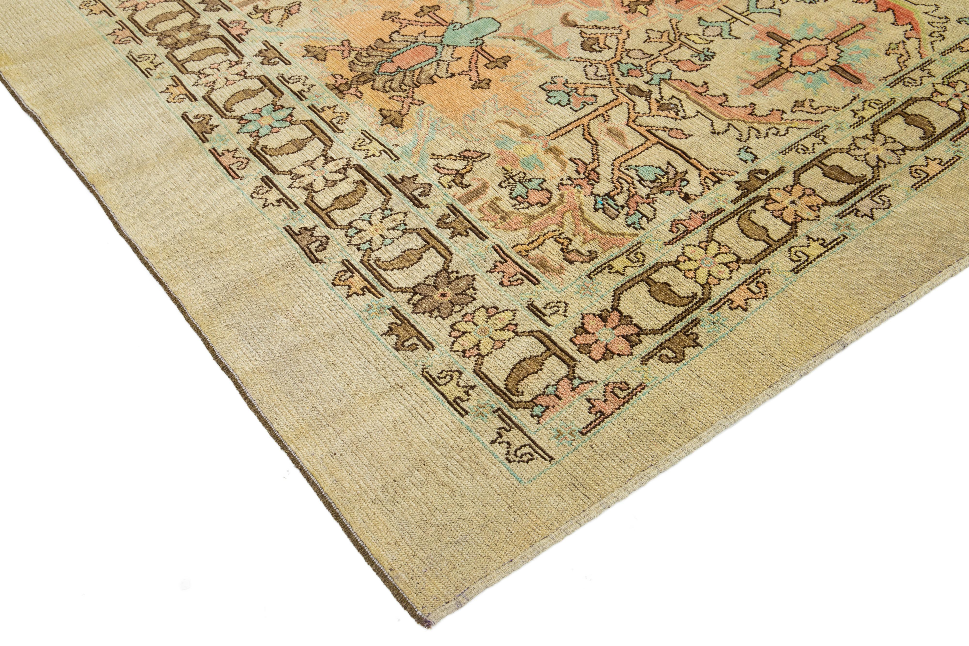 Afghan Contemporary Revival Wool Rug Handmade In Tan With Allover Floral Pattern For Sale