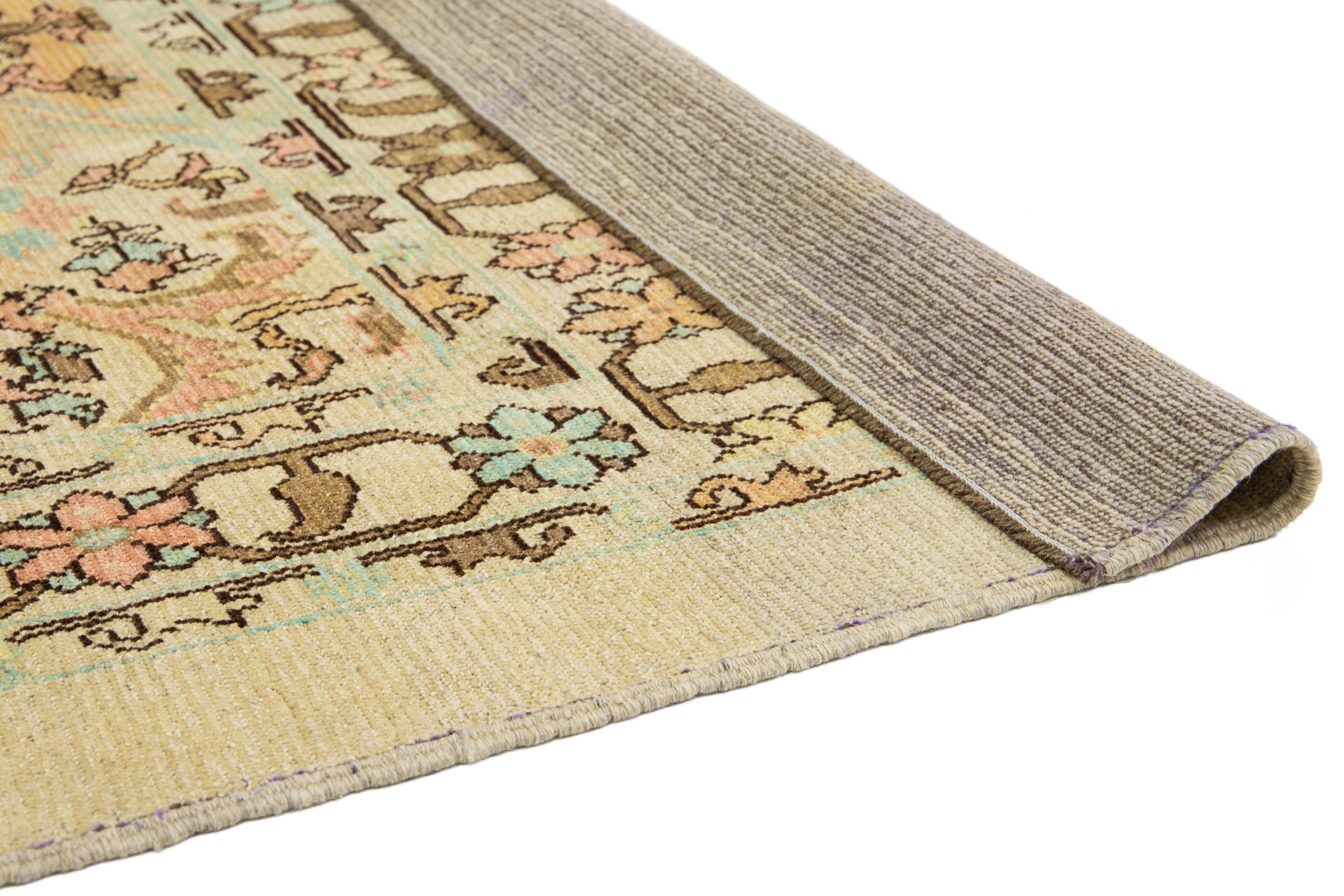 Hand-Knotted Contemporary Revival Wool Rug Handmade In Tan With Allover Floral Pattern For Sale