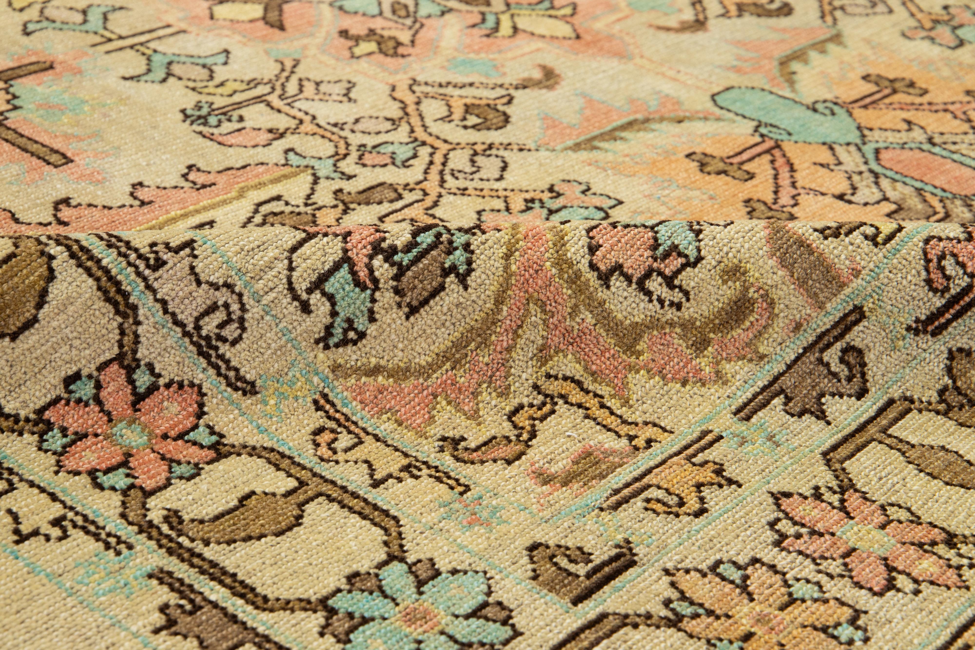 Contemporary Revival Wool Rug Handmade In Tan With Allover Floral Pattern In New Condition For Sale In Norwalk, CT