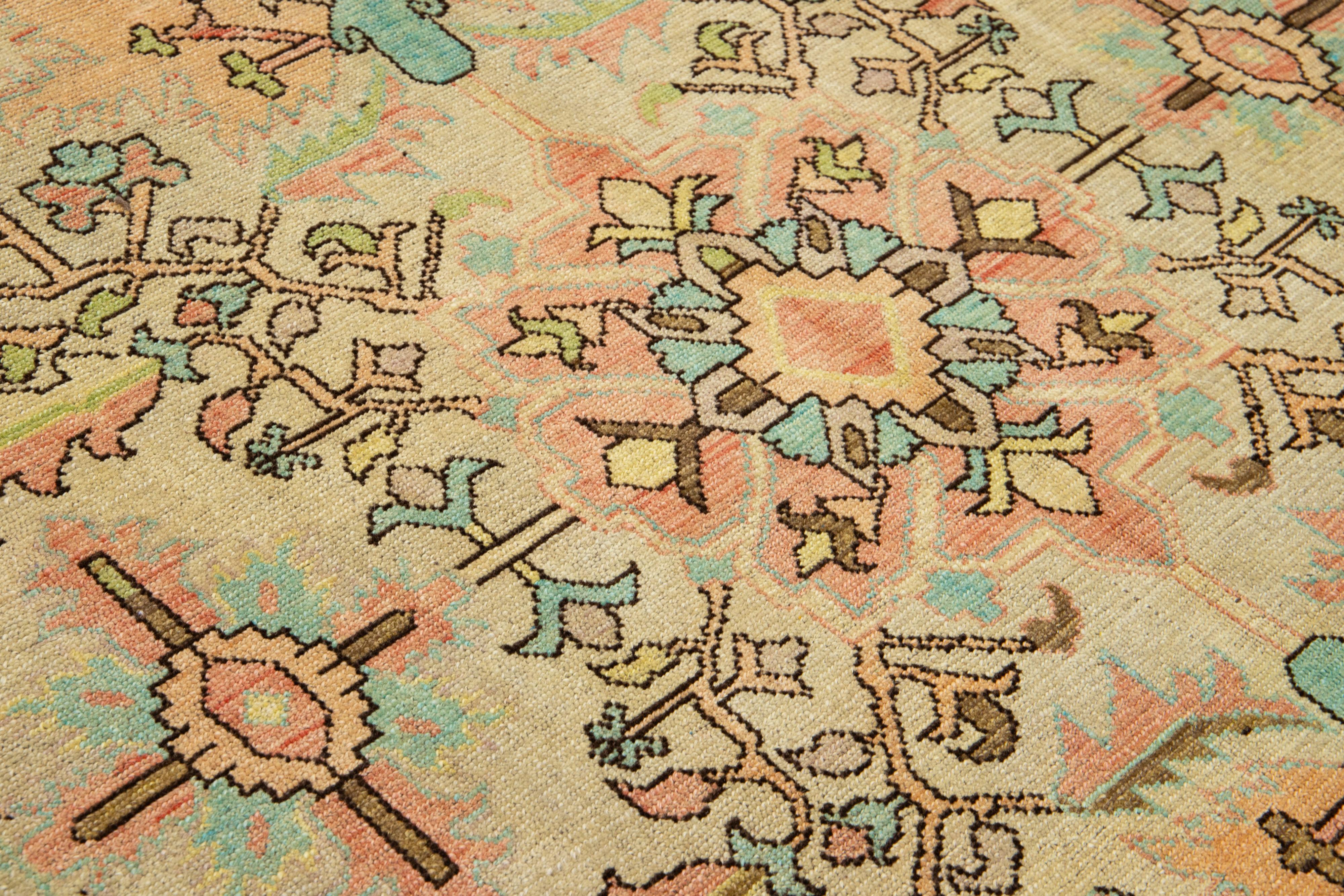 Contemporary Revival Wool Rug Handmade In Tan With Allover Floral Pattern For Sale 1