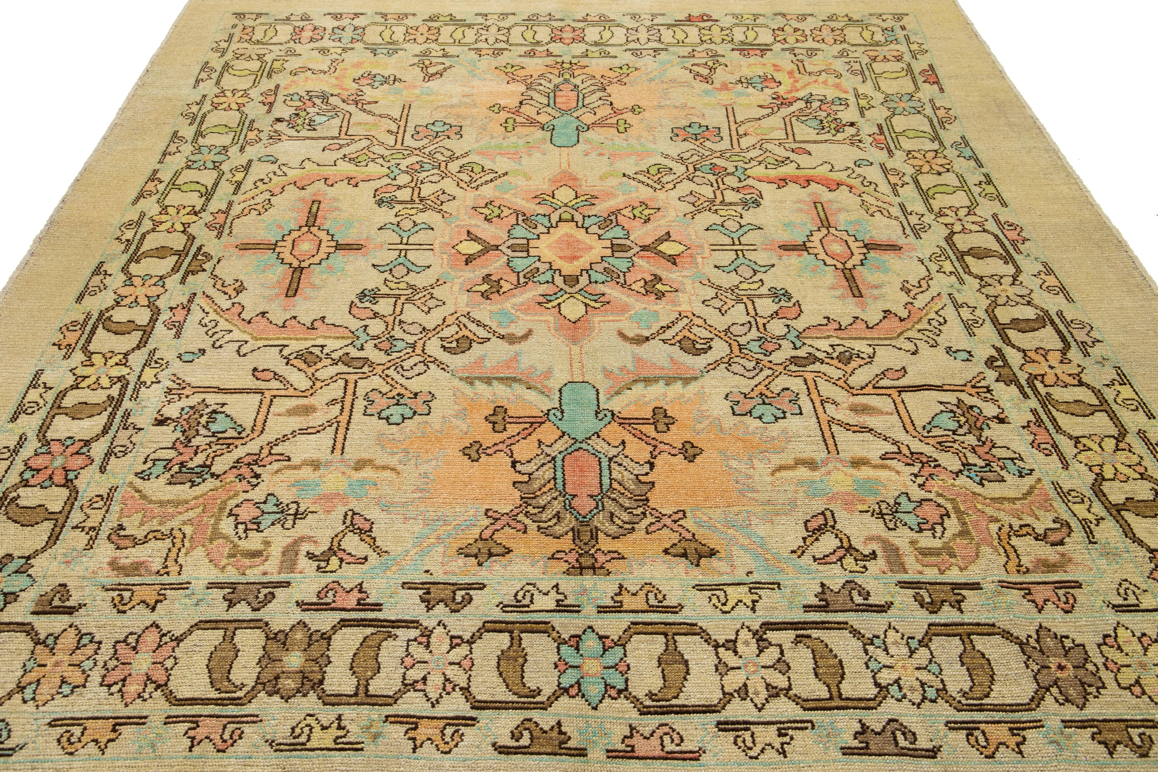Contemporary Revival Wool Rug Handmade In Tan With Allover Floral Pattern For Sale 2