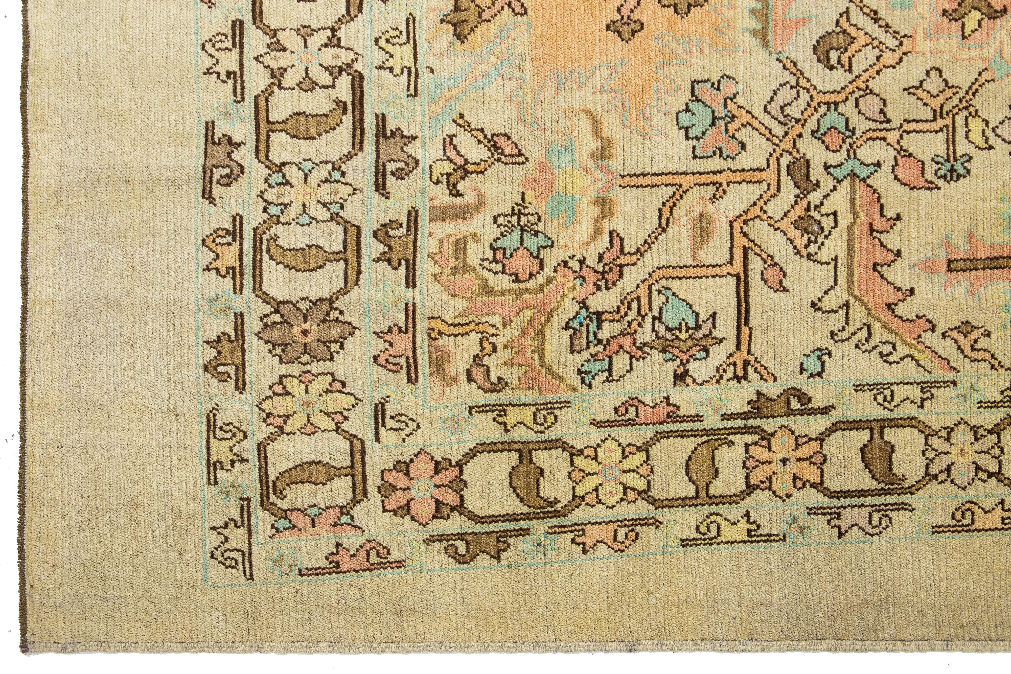 Contemporary Revival Wool Rug Handmade In Tan With Allover Floral Pattern For Sale 3