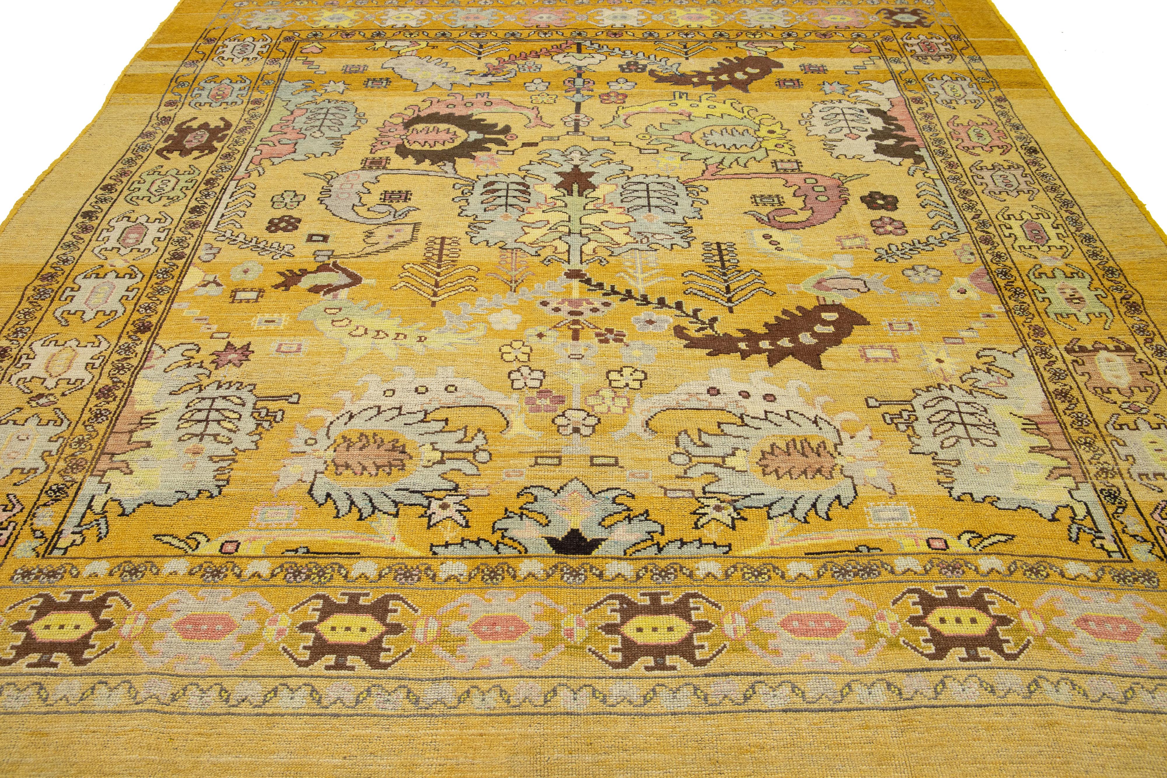 Contemporary Revival Wool Rug Handmade In Yellow With Allover Pattern For Sale 4