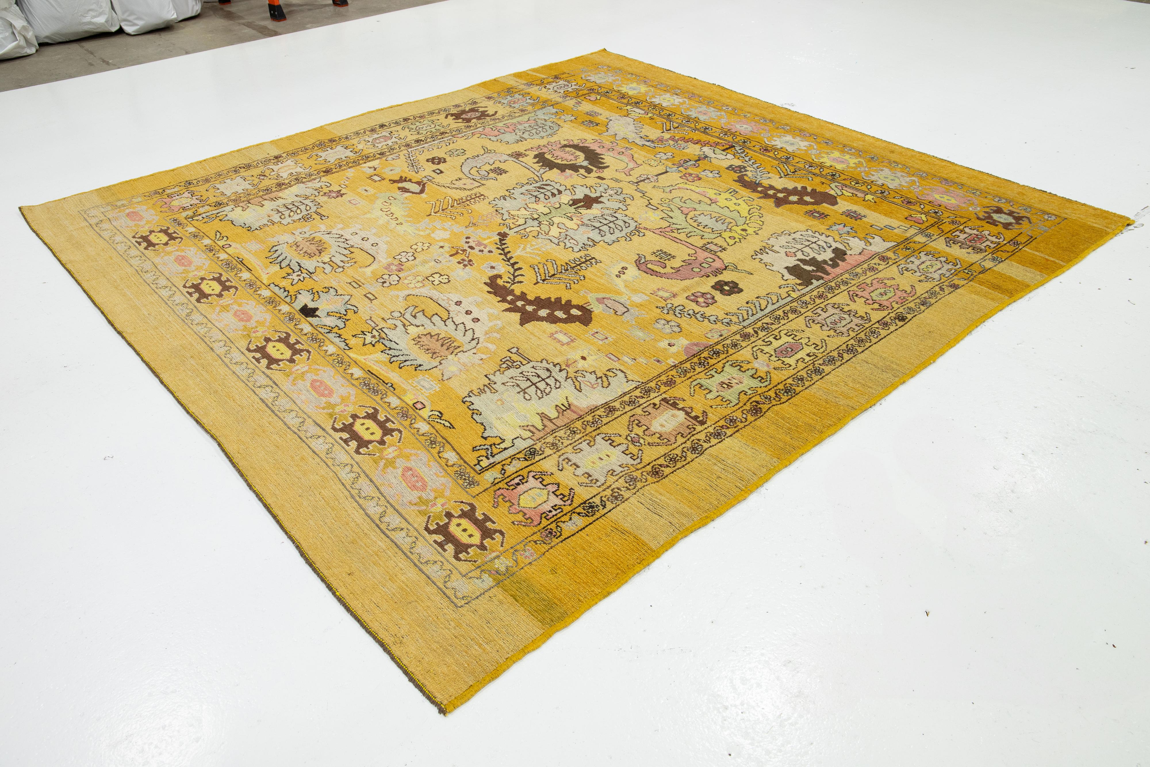 Regency Revival Contemporary Revival Wool Rug Handmade In Yellow With Allover Pattern For Sale