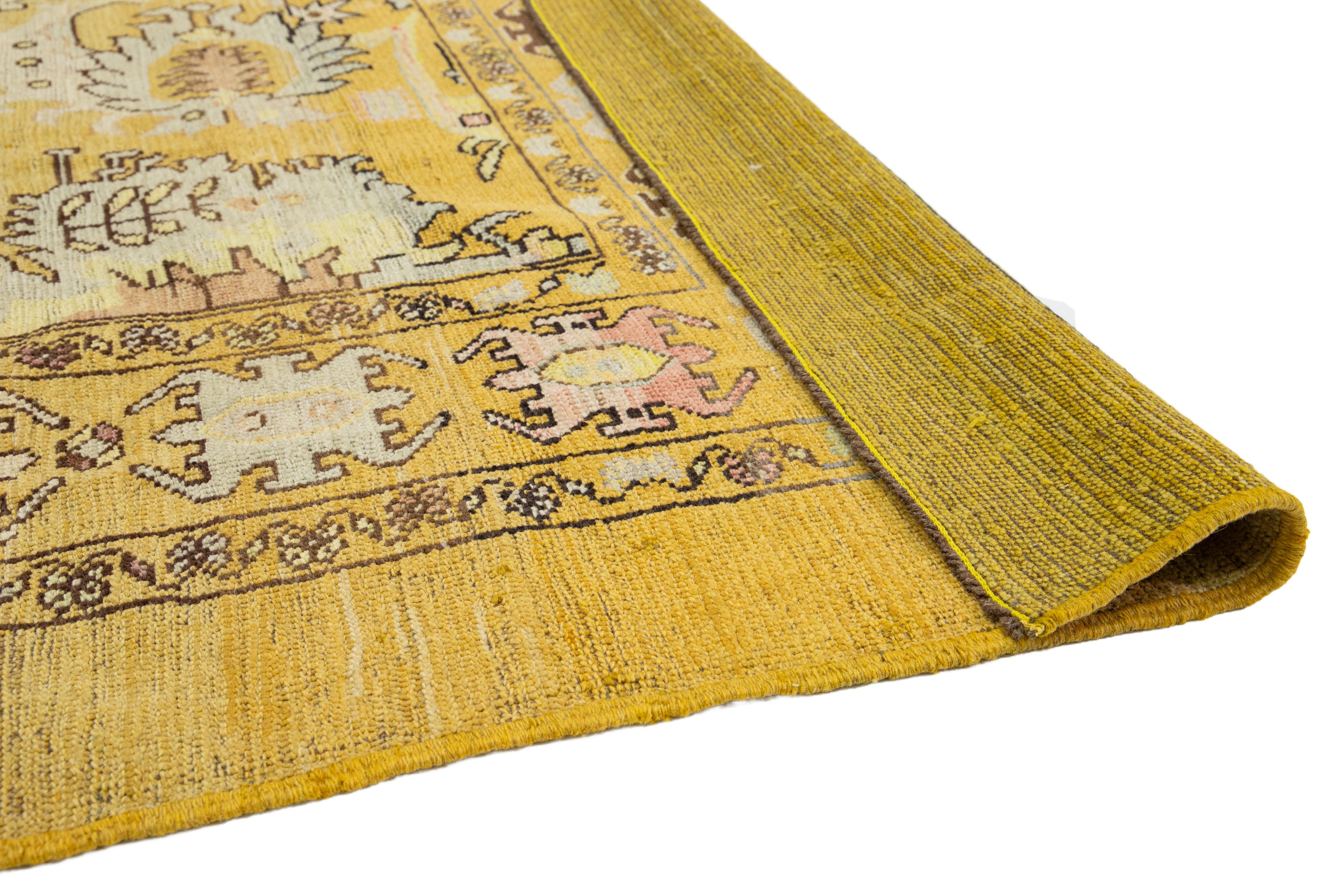 Hand-Knotted Contemporary Revival Wool Rug Handmade In Yellow With Allover Pattern For Sale