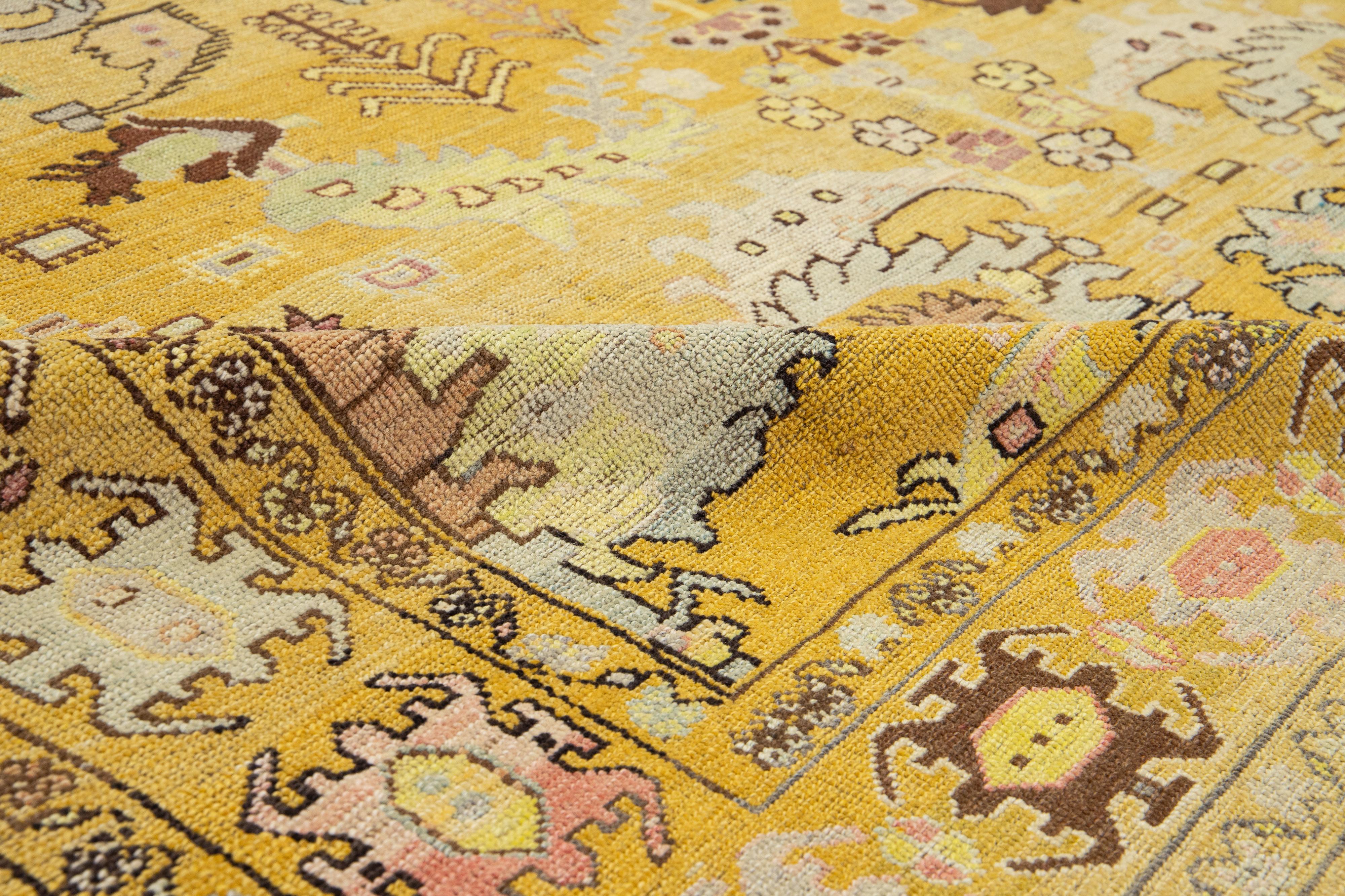 Contemporary Revival Wool Rug Handmade In Yellow With Allover Pattern In New Condition For Sale In Norwalk, CT