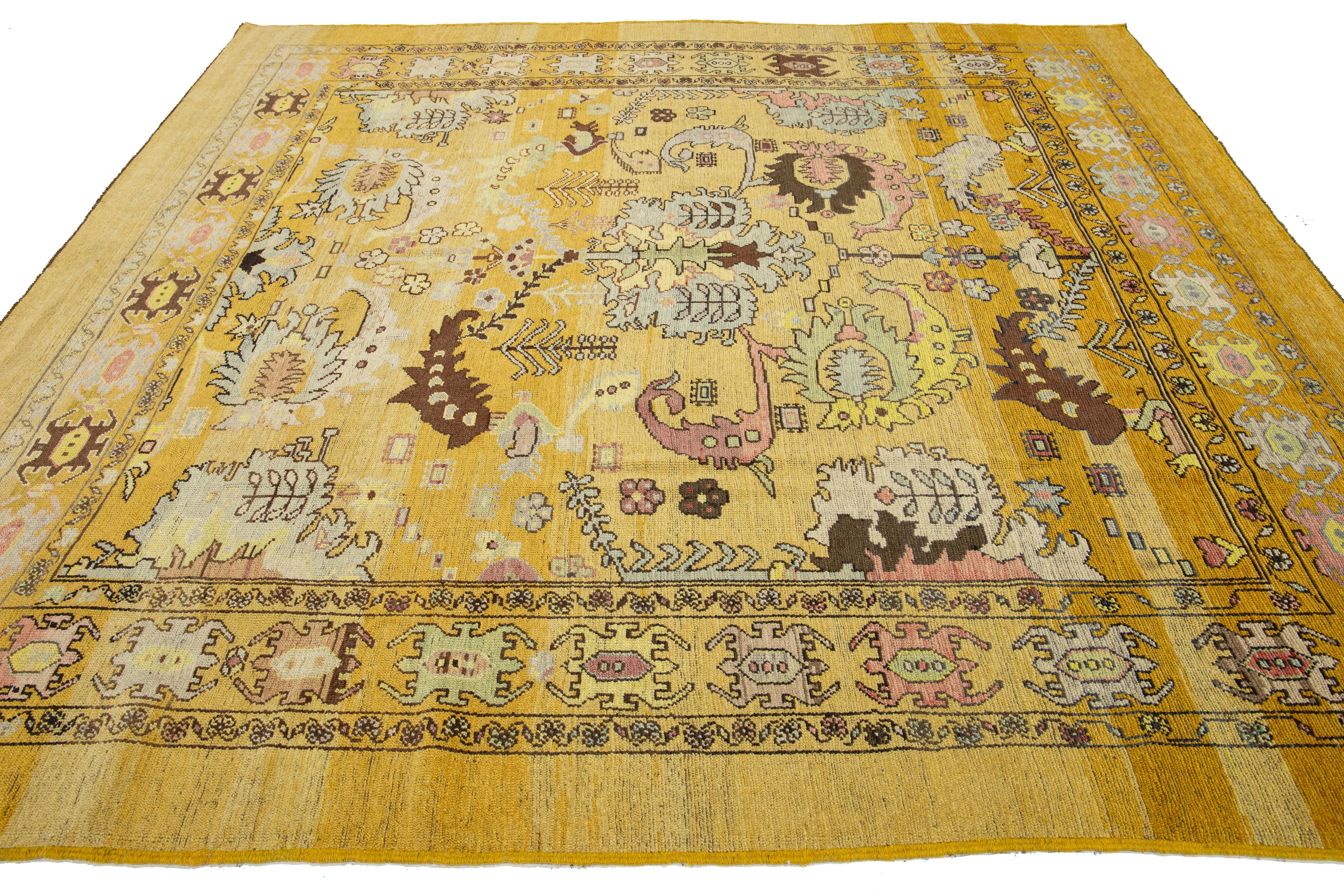 Contemporary Revival Wool Rug Handmade In Yellow With Allover Pattern For Sale 1