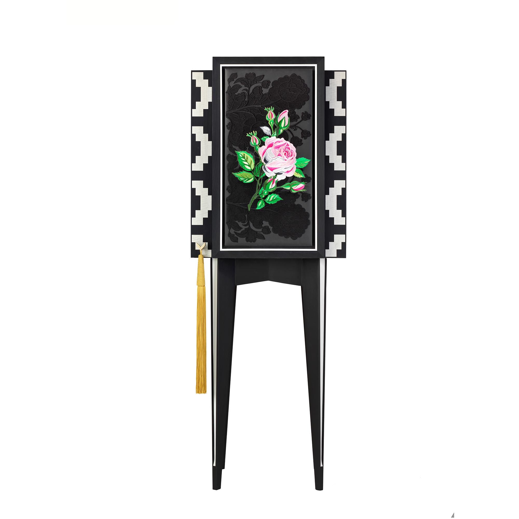 Contemporary Rh Black and White Mono Secretaire with Roses Embroidery For Sale