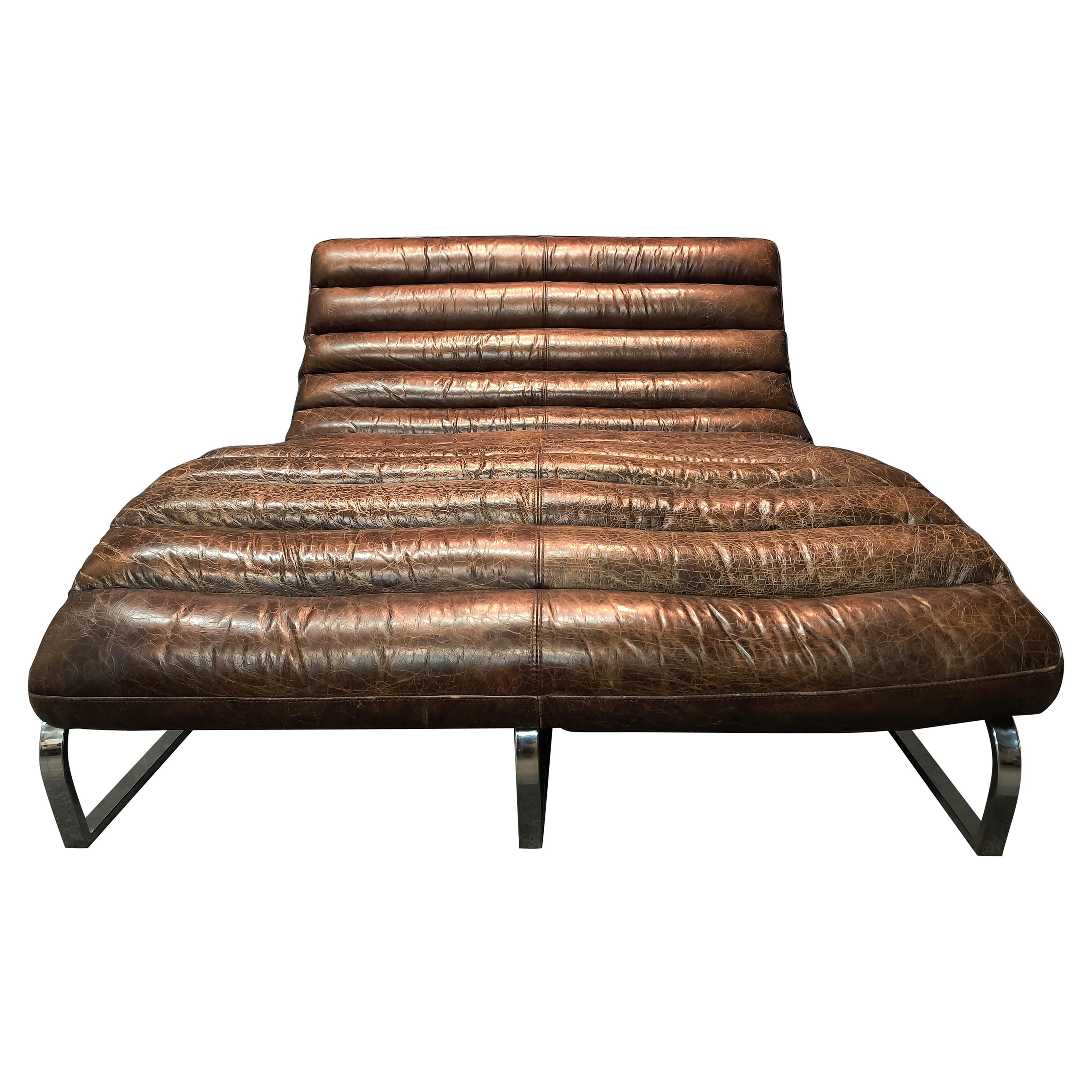 Contemporary RH Oviedo Distressed Leather Chrome Double Wide Chaise Lounge Chair