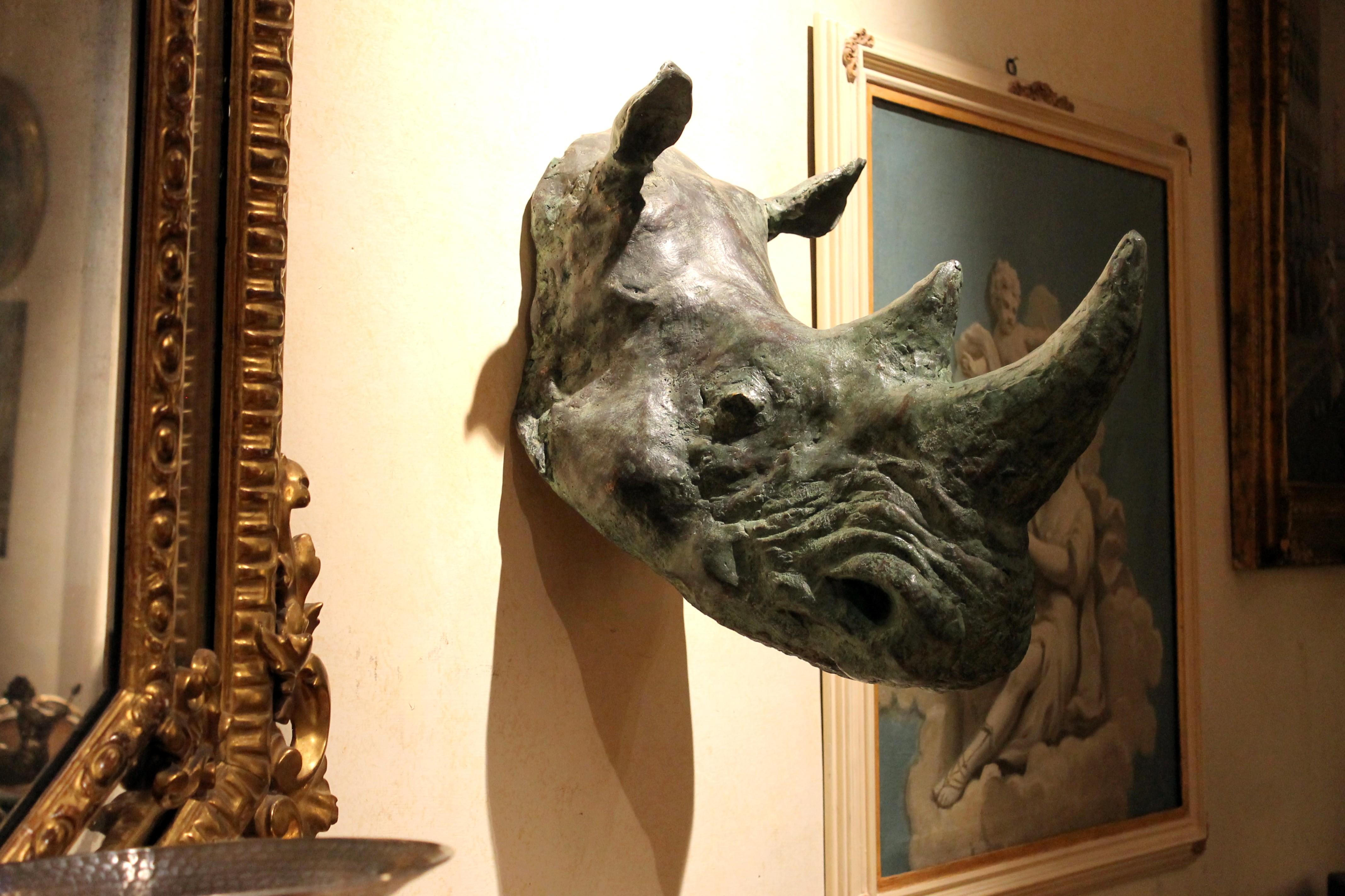 Contemporary Rhino Trophy Head Bronze Wall Sculpture with Green Patina Finish For Sale 2