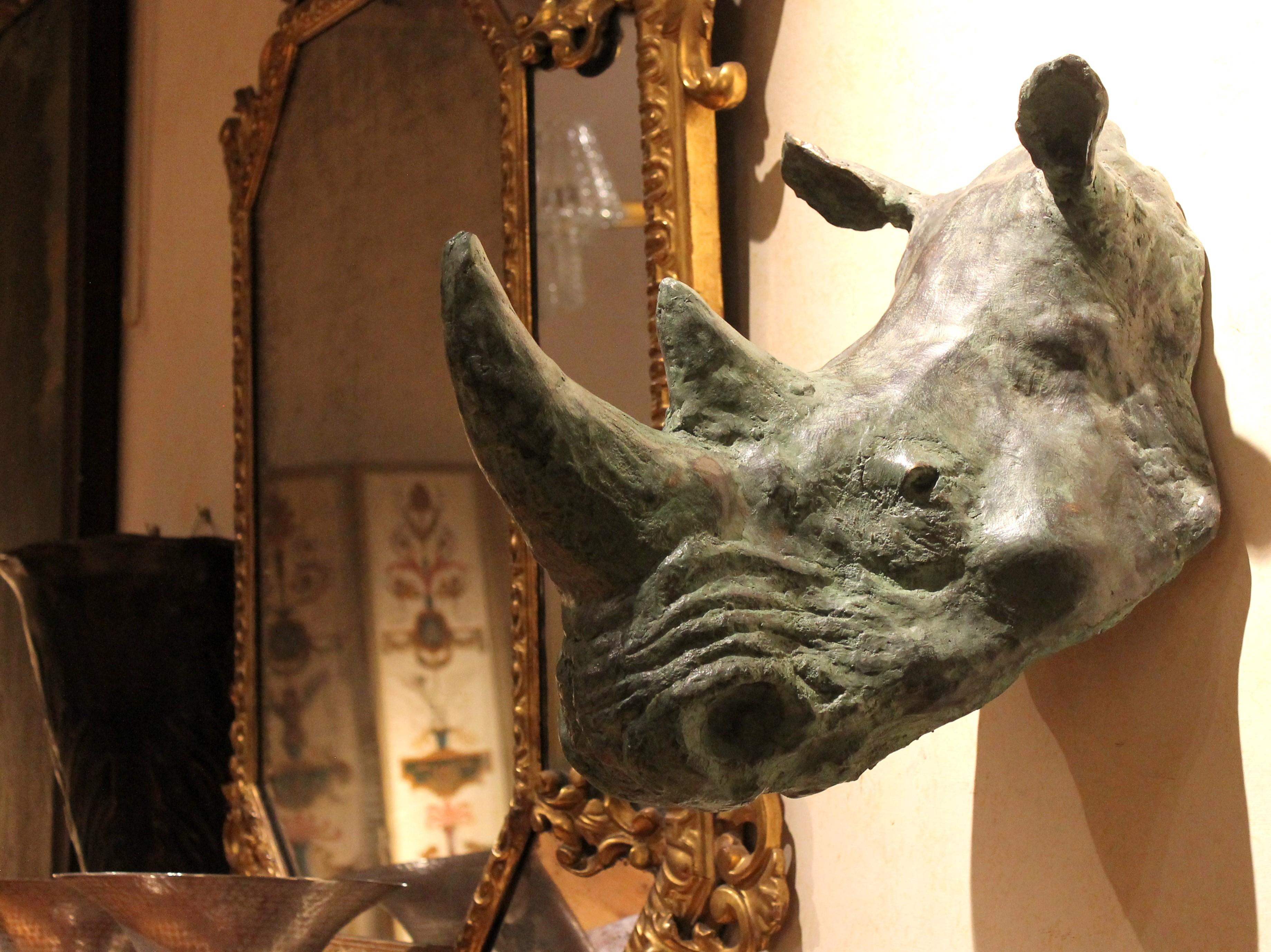 Contemporary Rhino Trophy Head Bronze Wall Sculpture with Green Patina Finish For Sale 4