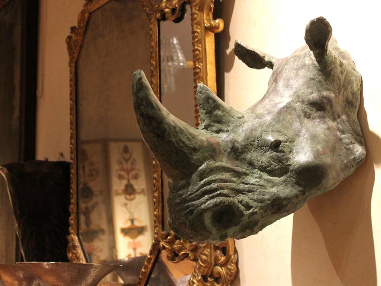 Contemporary Rhino Trophy Head Bronze Wall Sculpture with Green Patina Finish For Sale 6