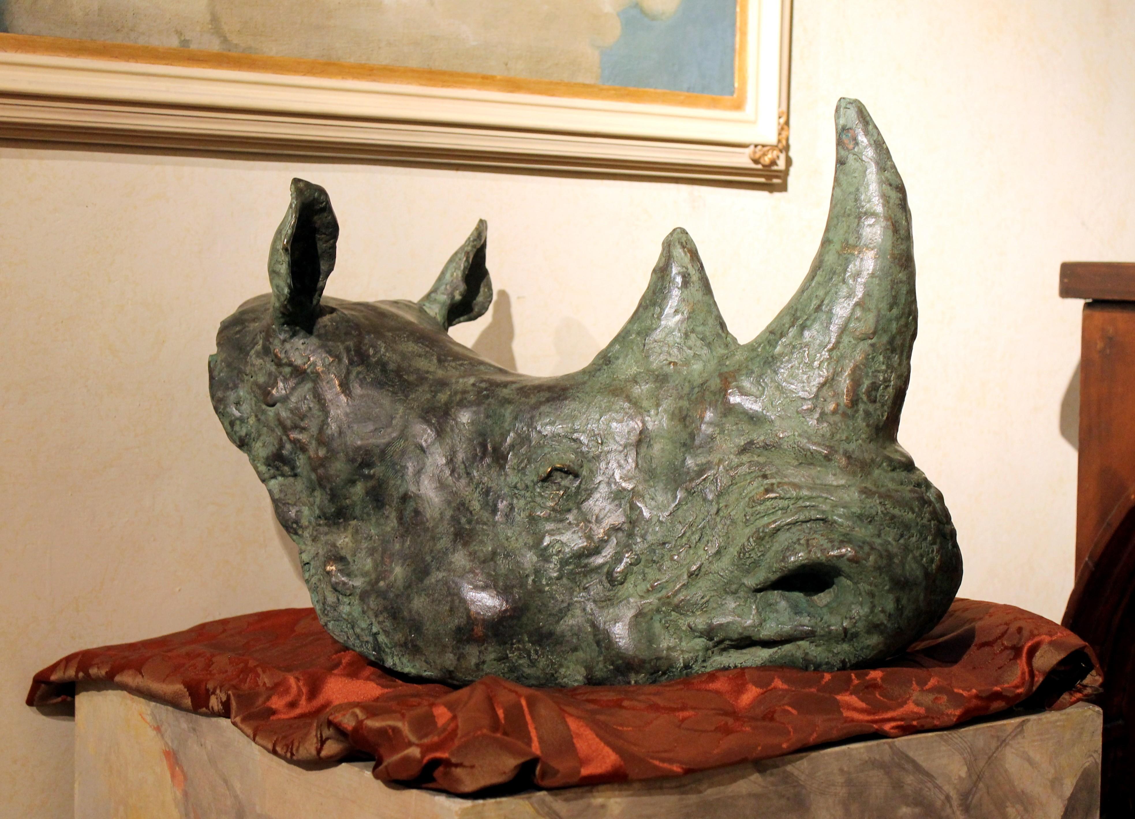 Organic Modern Contemporary Rhino Trophy Head Bronze Wall Sculpture with Green Patina Finish For Sale