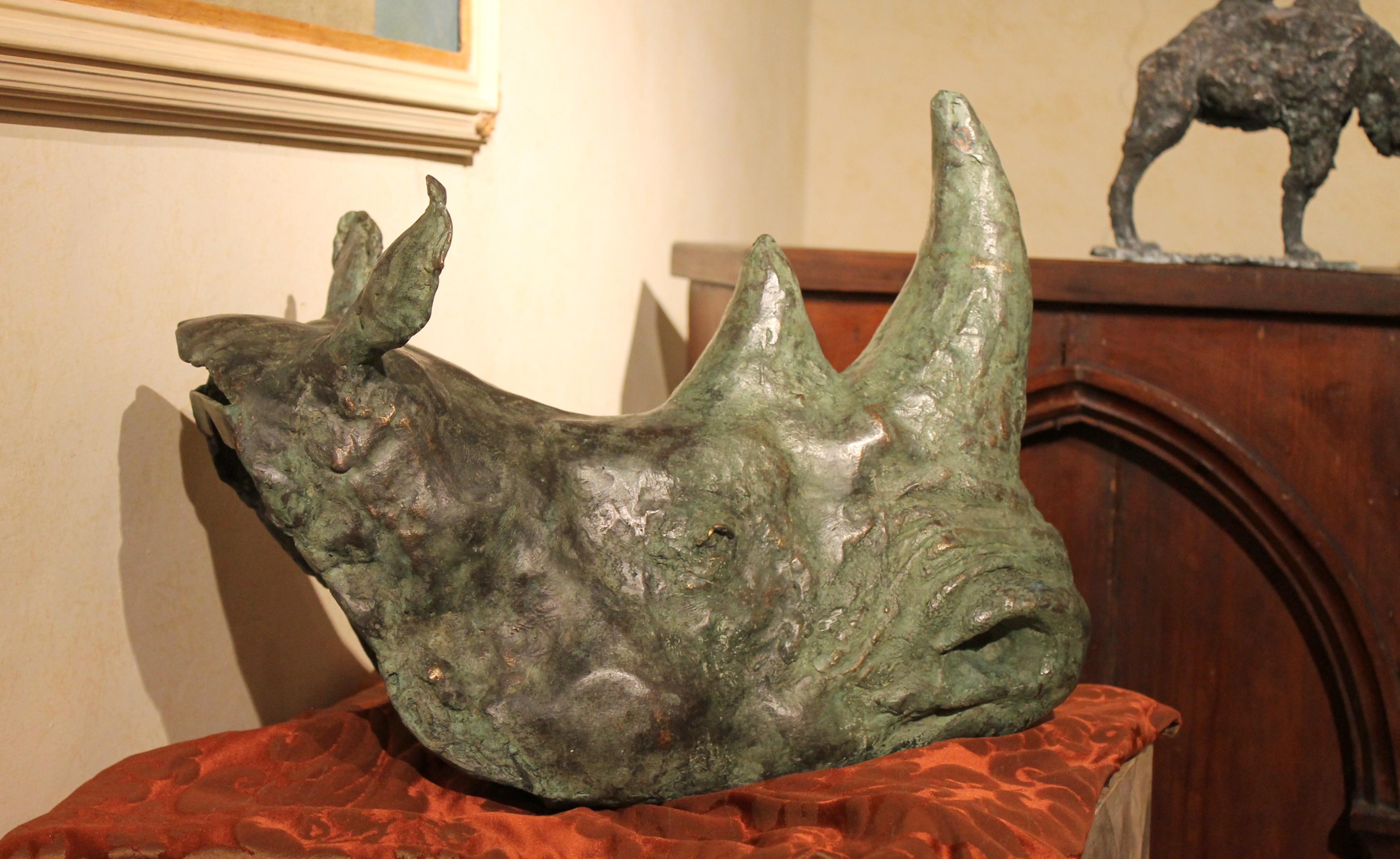 Lacquer Contemporary Rhino Trophy Head Bronze Wall Sculpture with Green Patina Finish For Sale
