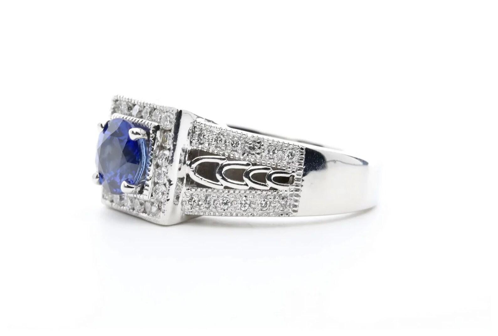 Brilliant Cut Contemporary Rich Blue 1.68ctw Sapphire & Diamond Ring in 14K White Gold For Sale