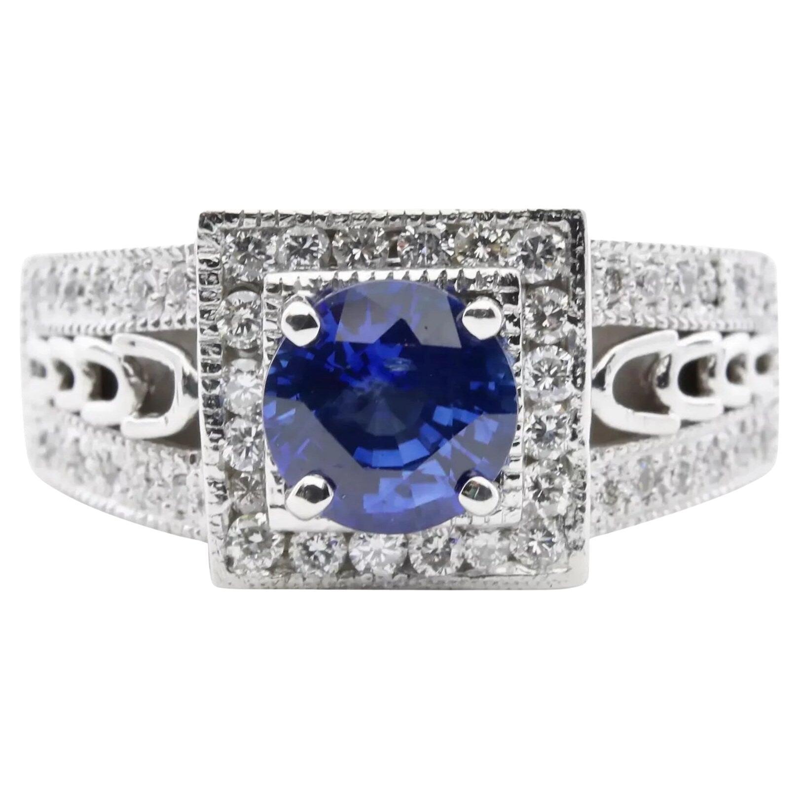 Contemporary Rich Blue 1.68ctw Sapphire & Diamond Ring in 14K White Gold For Sale