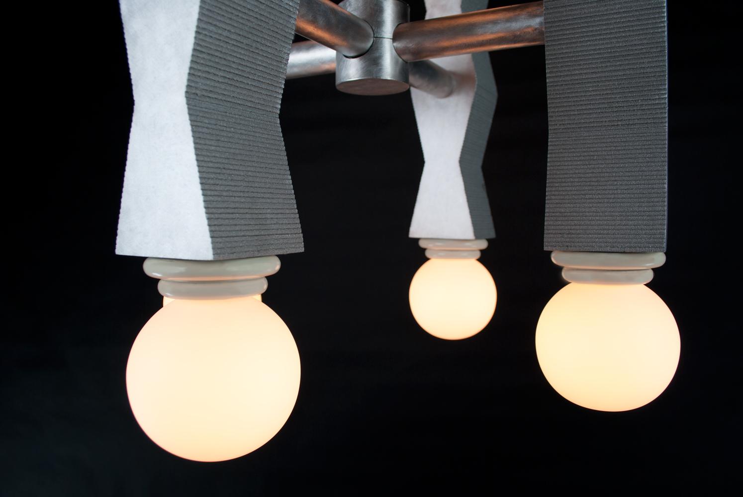 Mid-Century Modern Contemporary Ridge Chandelier Light with Geometric Aluminium and Opal Globe Bulb For Sale