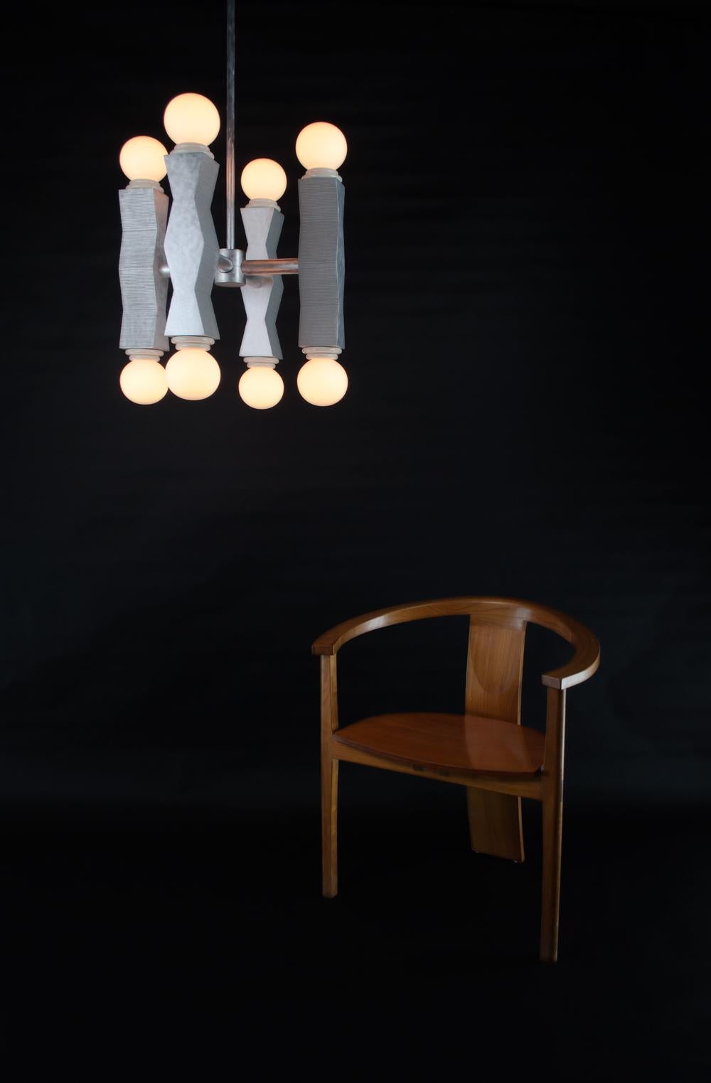British Contemporary Ridge Chandelier Light with Geometric Aluminium and Opal Globe Bulb For Sale