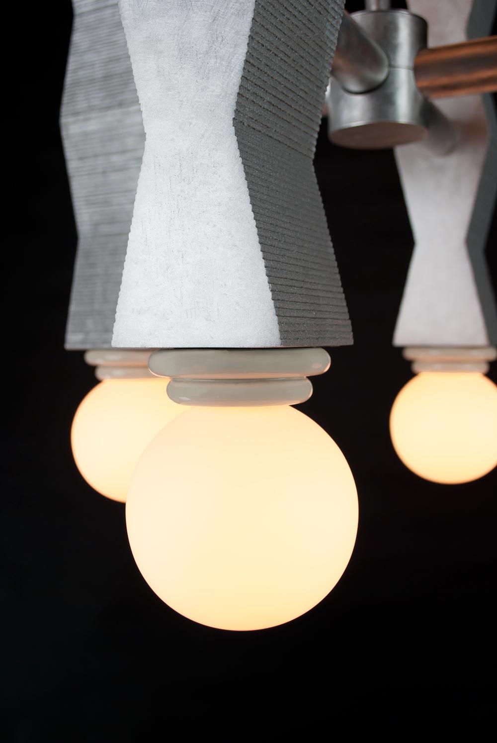 Contemporary Ridge Chandelier Light with Geometric Aluminium and Opal Globe Bulb For Sale 1