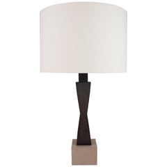 Contemporary Ridge Lamp with Geometric Oak Base and linen Shade
