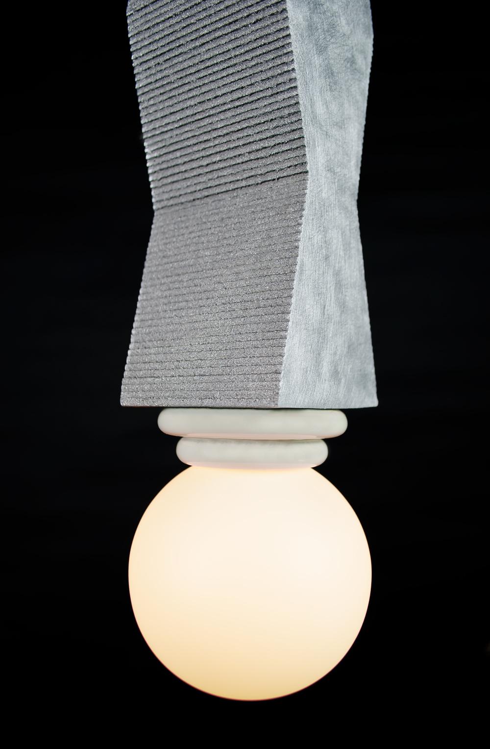 Mid-Century Modern Contemporary Ridge Pendant Light with Geometric Aluminium and Opal Globe Bulb For Sale