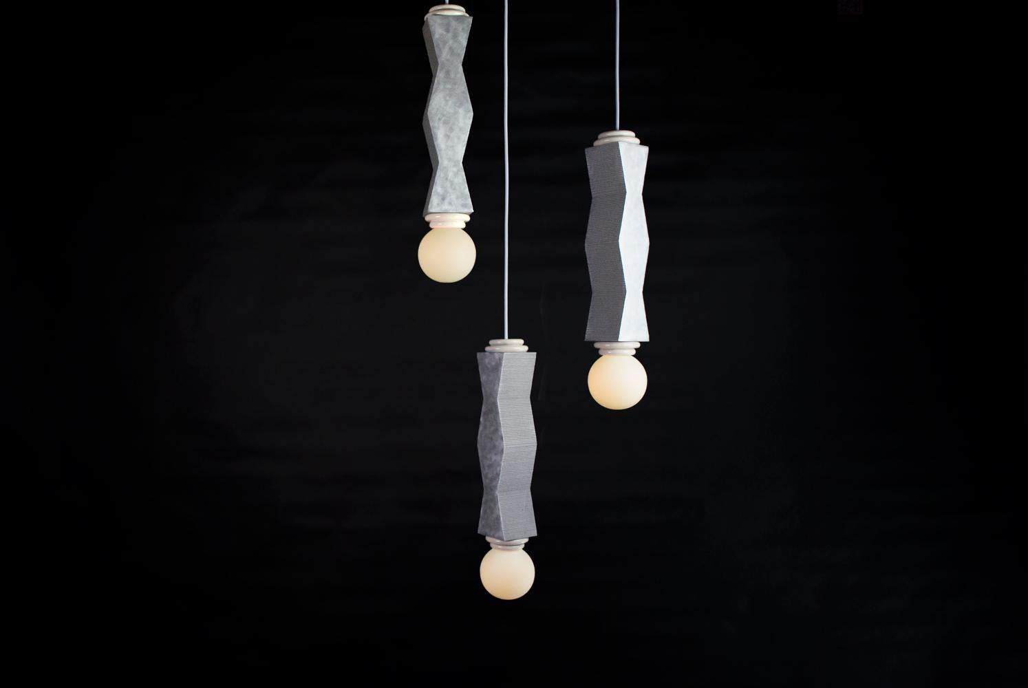 Brushed Contemporary Ridge Pendant Light with Geometric Aluminium and Opal Globe Bulb For Sale
