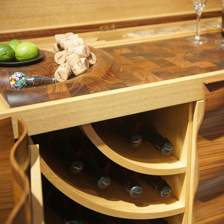 British Contemporary Rippled Drinks Cabinet in Walnut and Oak: In Stock For Sale