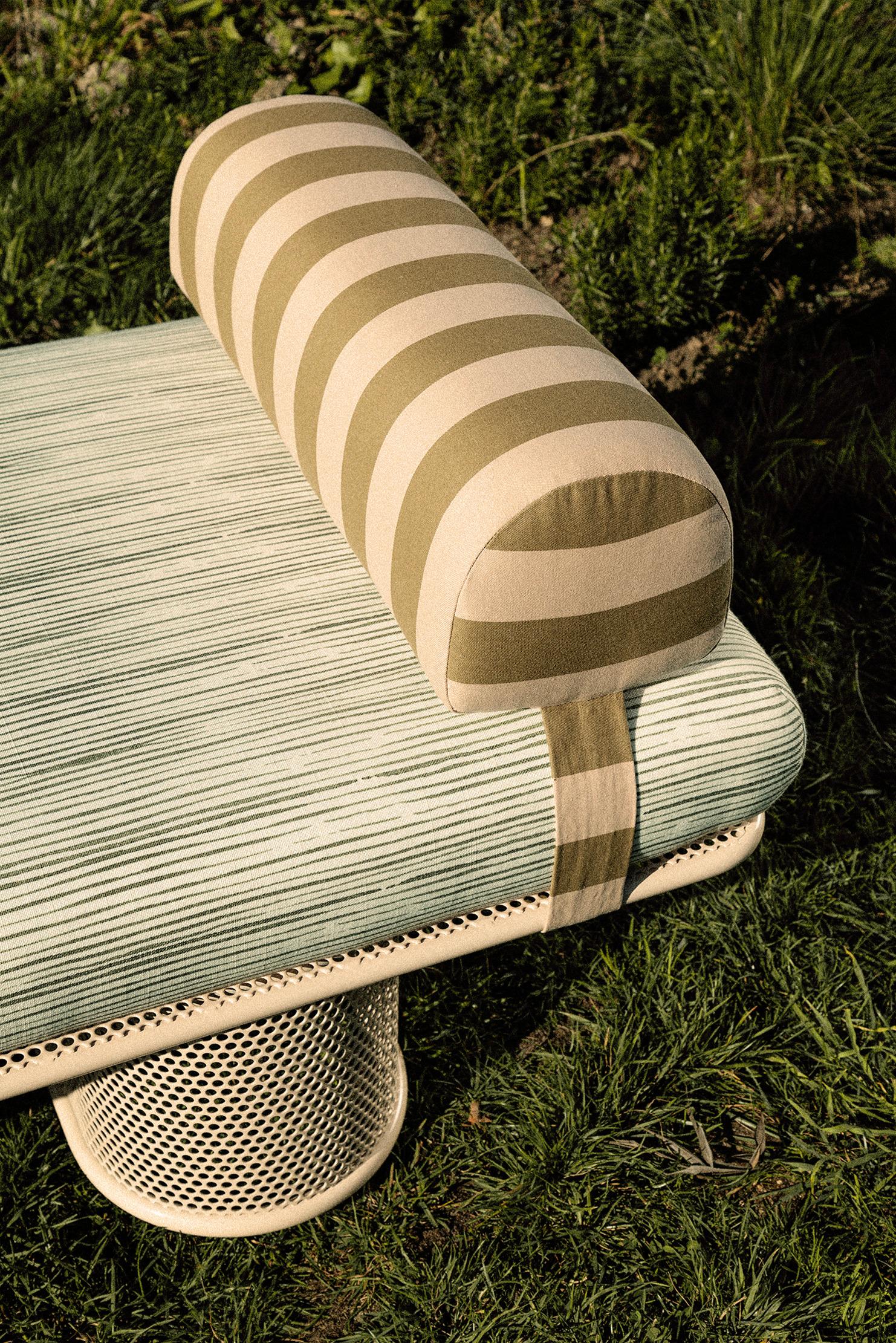 Metal Riviera Bench 180cm in Lacquered Nude metal & Stripes fabric for Outdoors For Sale