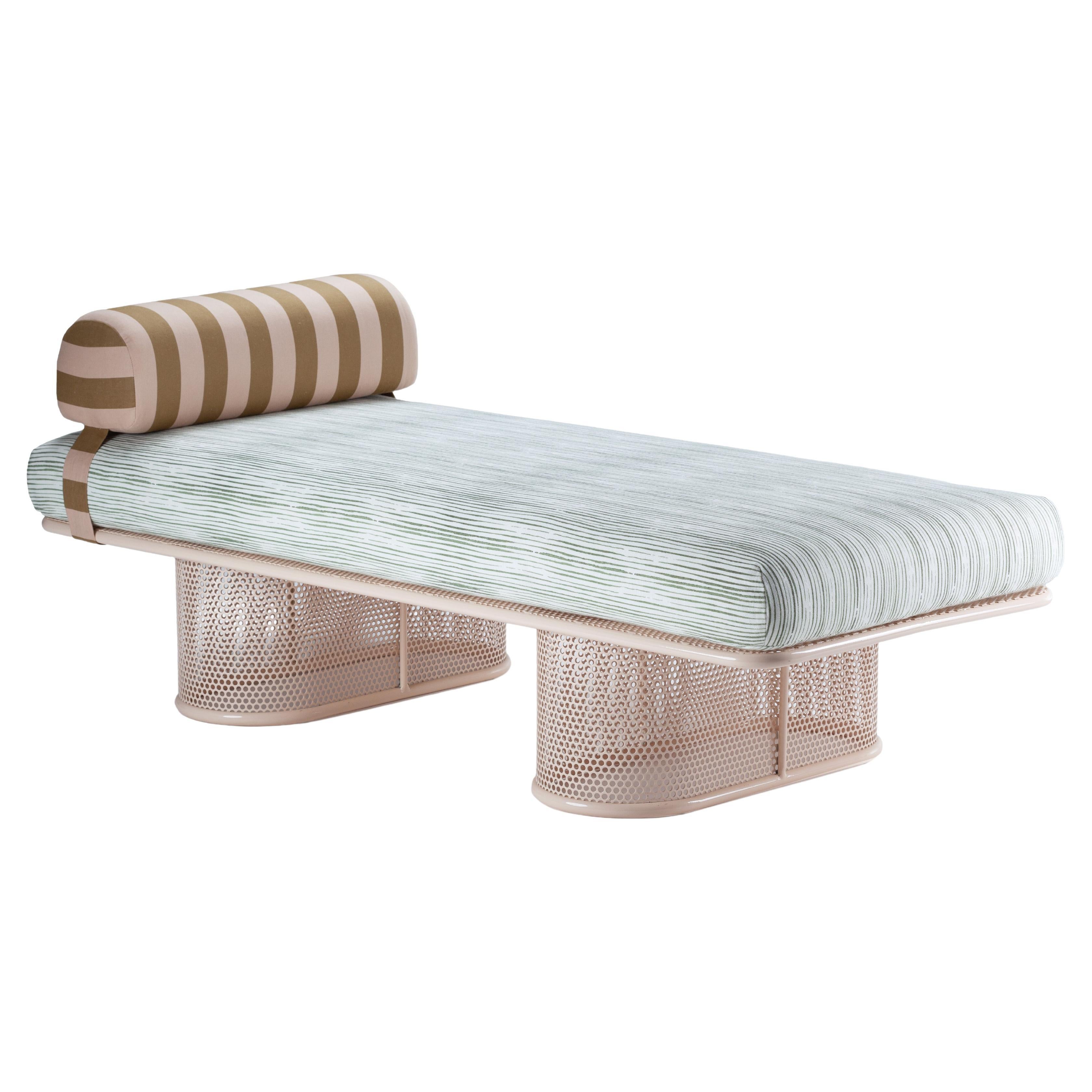 Contemporary Riviera Bench in Lacquered Nude metal & Stripes fabric for Outdoors