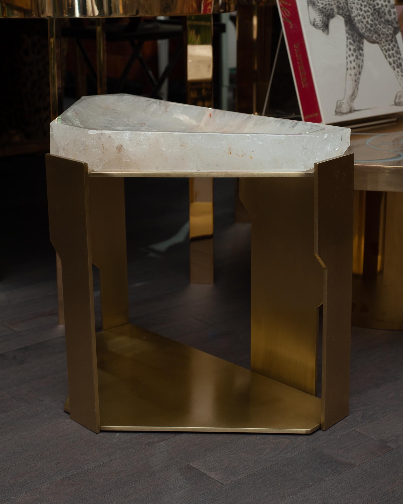 American Contemporary Rock Crystal and Brass Table with Geometric Base For Sale