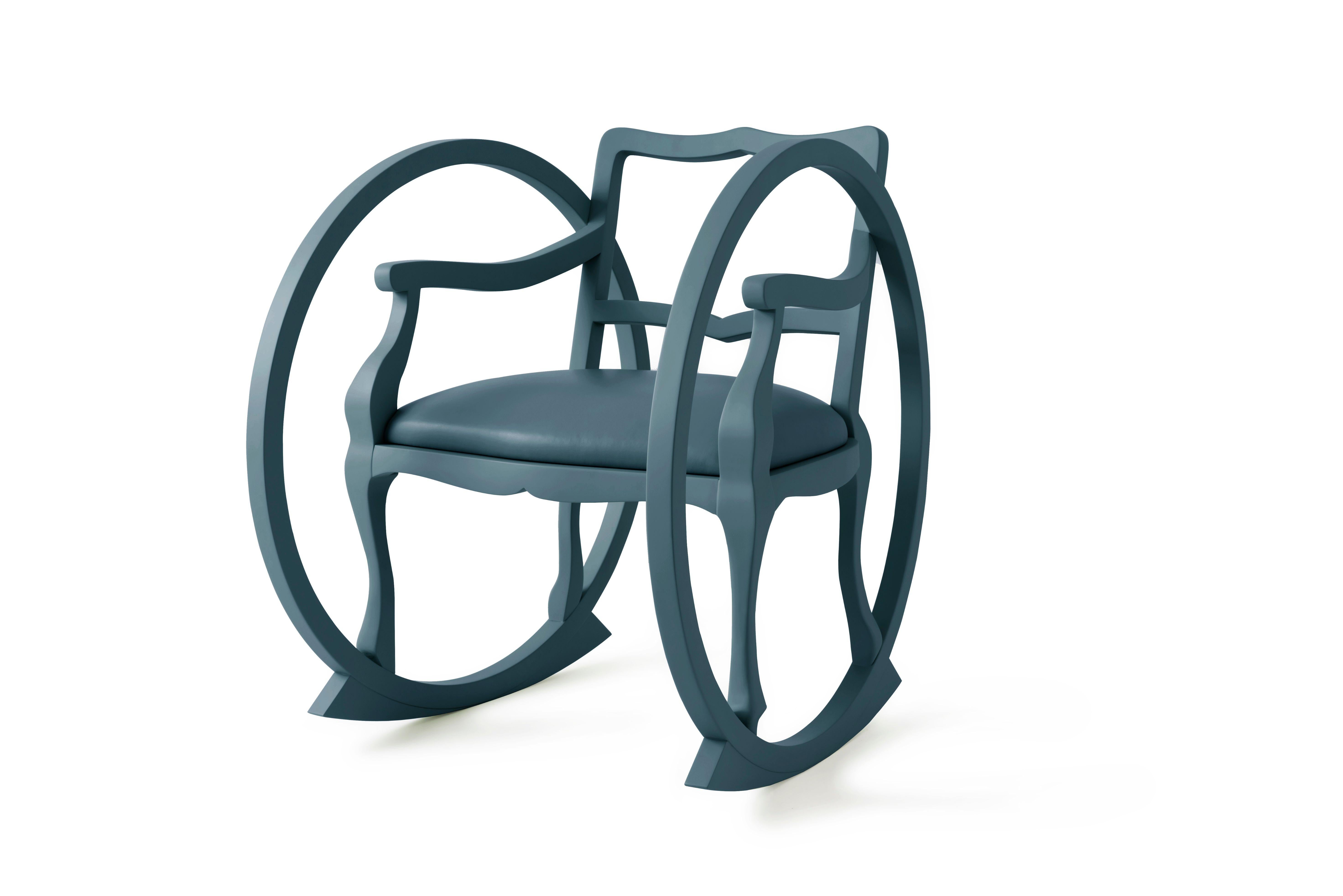 Contemporary rocking chair designed by Thomas Dariel, Maison Dada
Measures: W 76 x D 95 x H 97 cm
Structure in solid beech with matte painted finish
Upholstery in leather
Available in 2 colors (Petrol Blue or Grey)
Tick-tock, tick-tock, as the clock